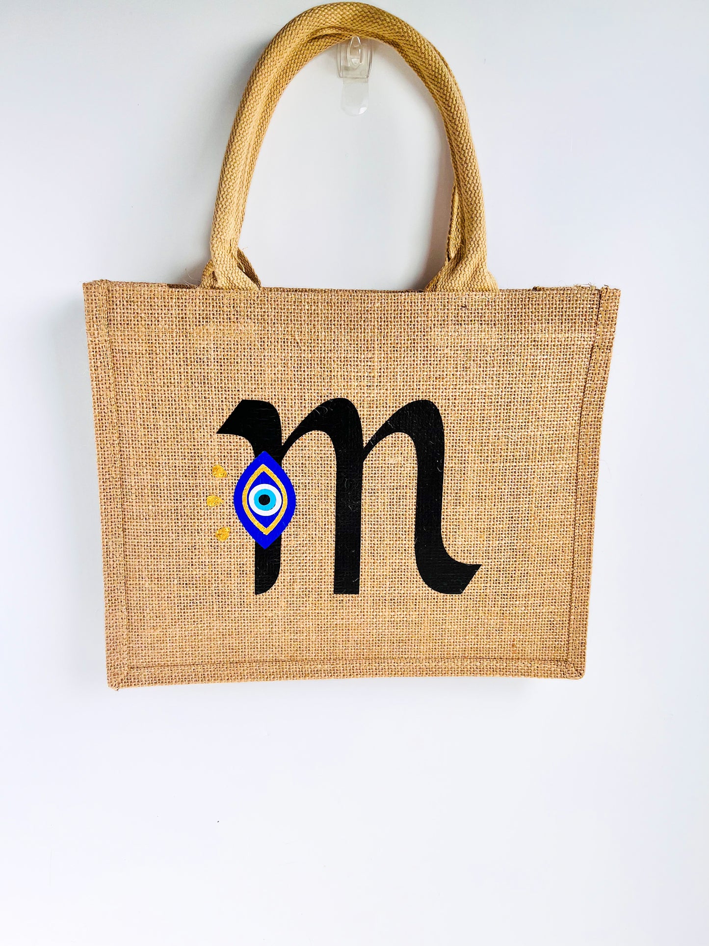 Letter Evil Eye Burlap Bag