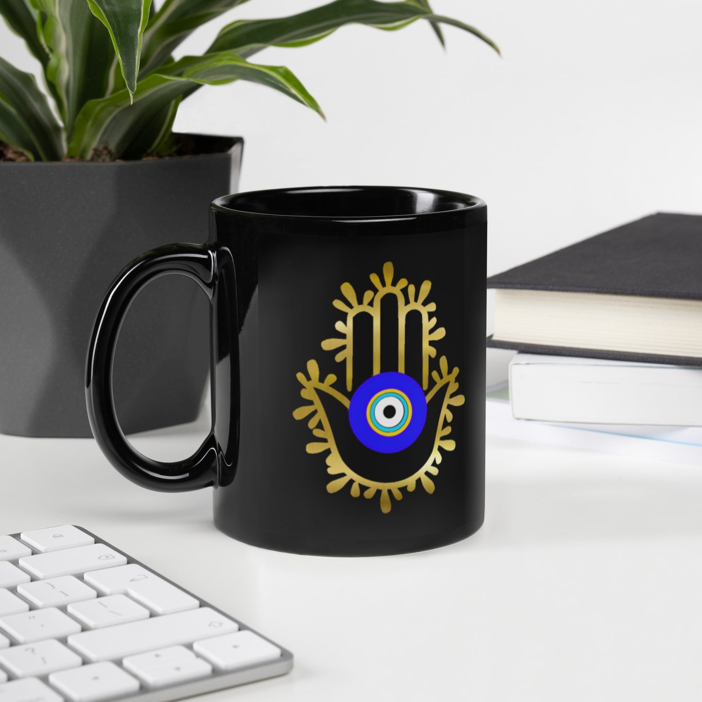 Amida By Zaa©️ Hamsa Hand With Evil Eye Black Glossy Mug