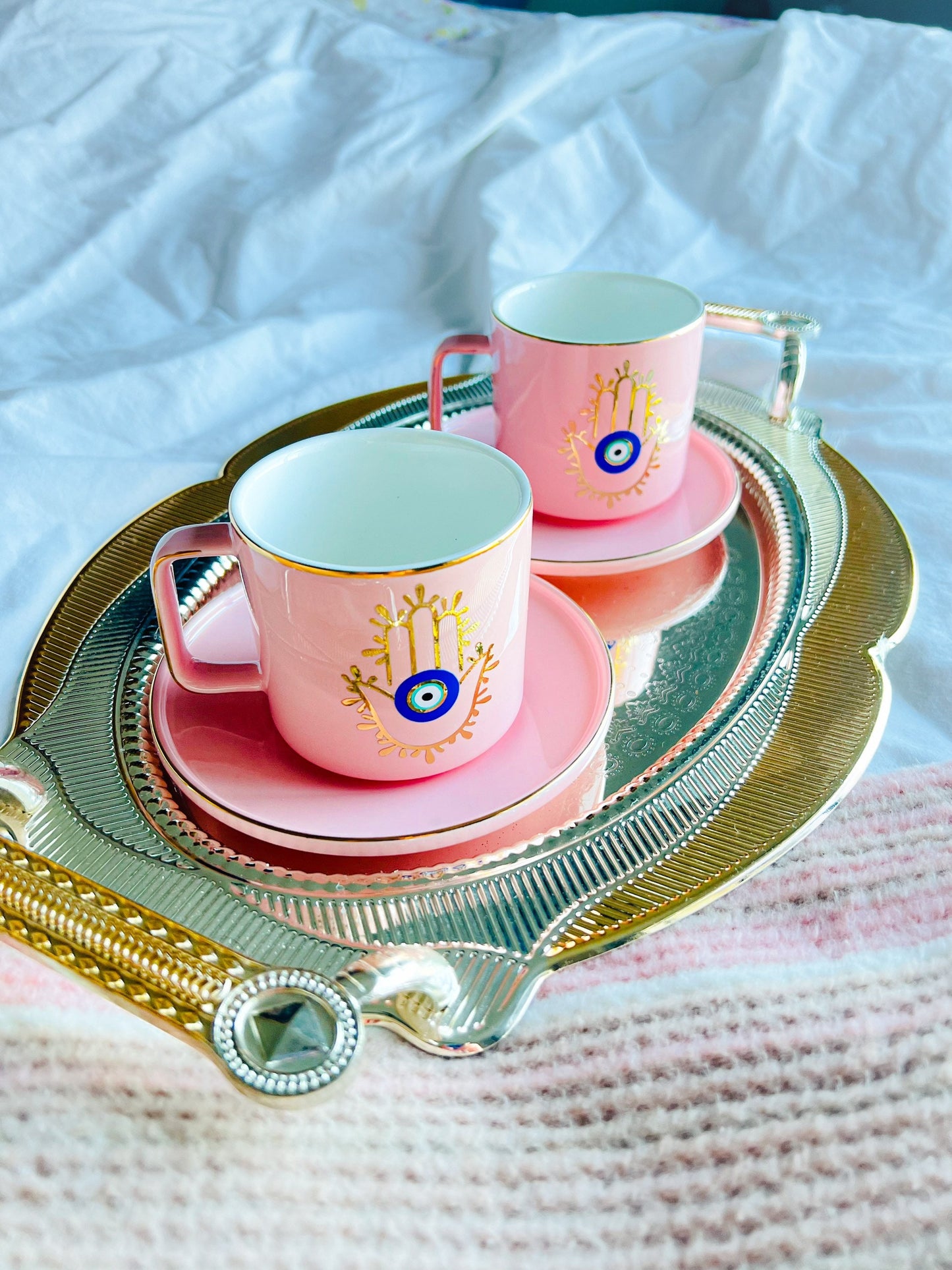 Hamsa Hand Evil Eye Pink Espresso Cup And Saucer