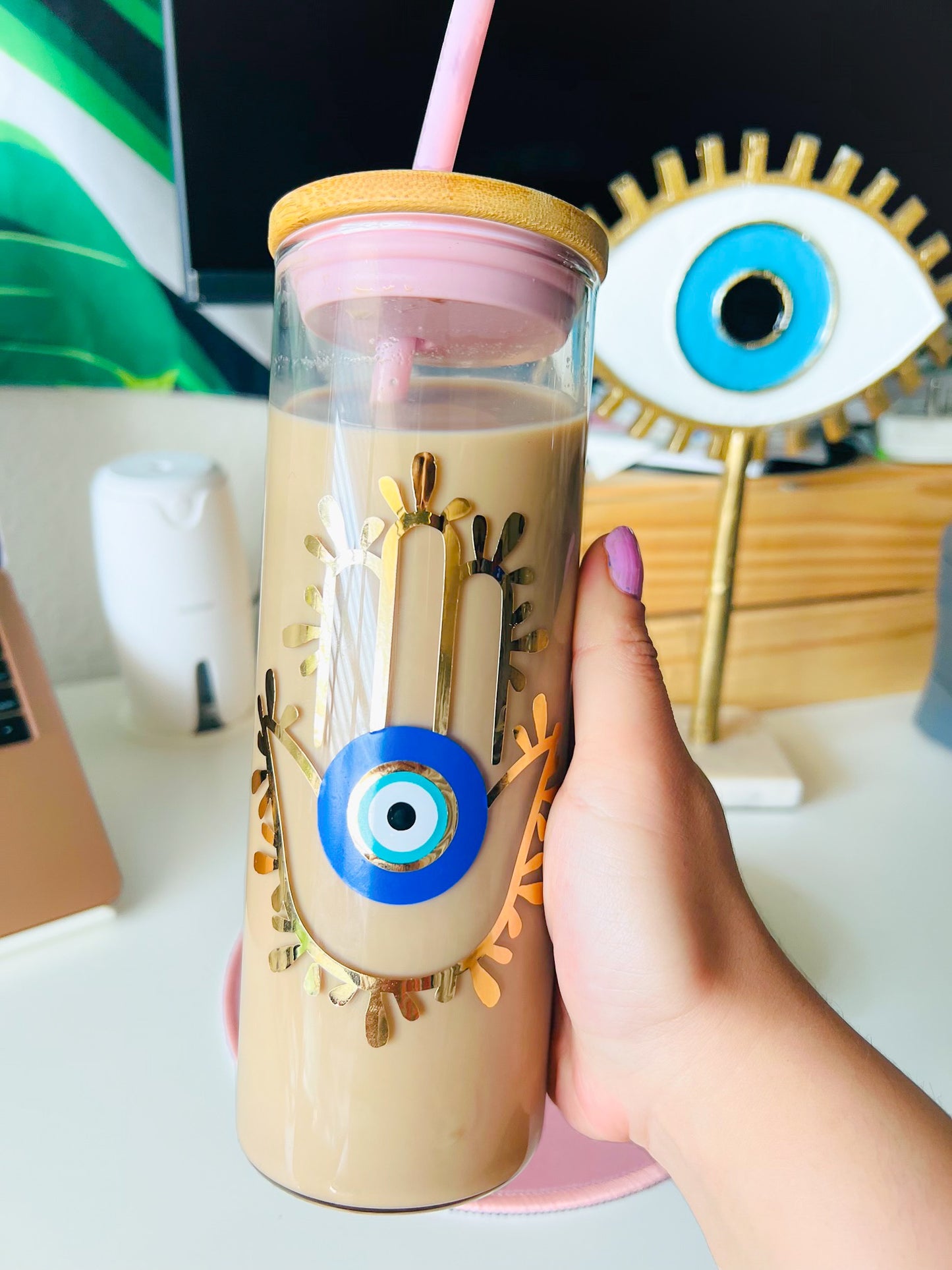 Hamsa Hand With Evil Eye Glass Tumbler With Bamboo Lid