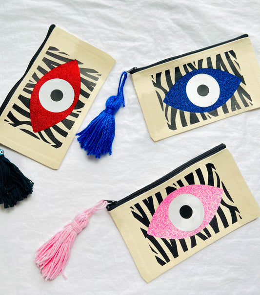 Evil Eye Zebra Print Makeup Bag, Evil Eye Clutch