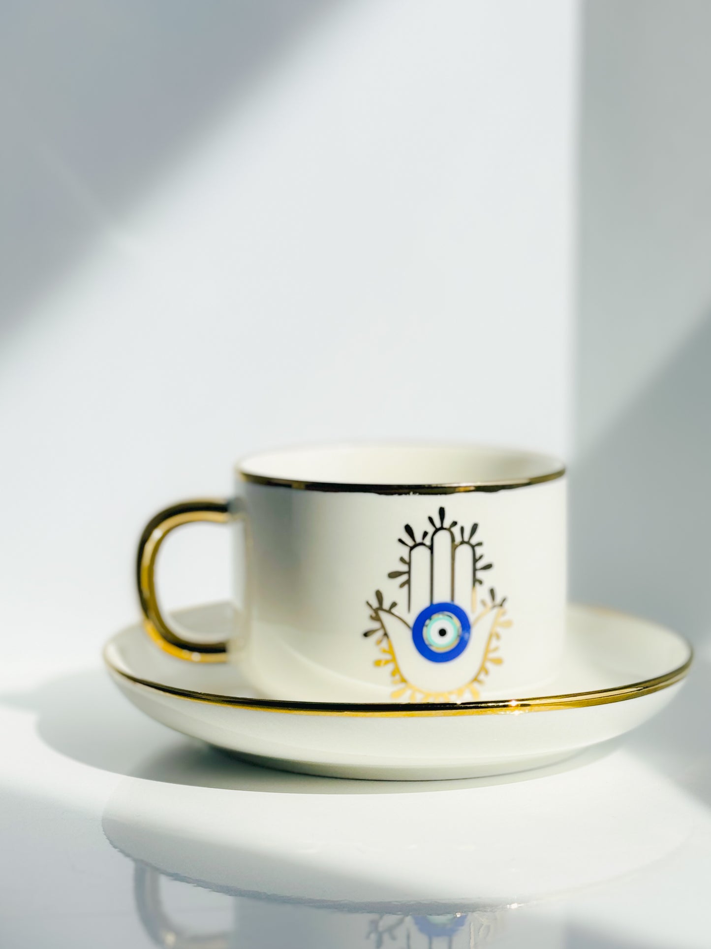 Amida Hamsa Hand Evil Eye White Espresso Cup And Saucer