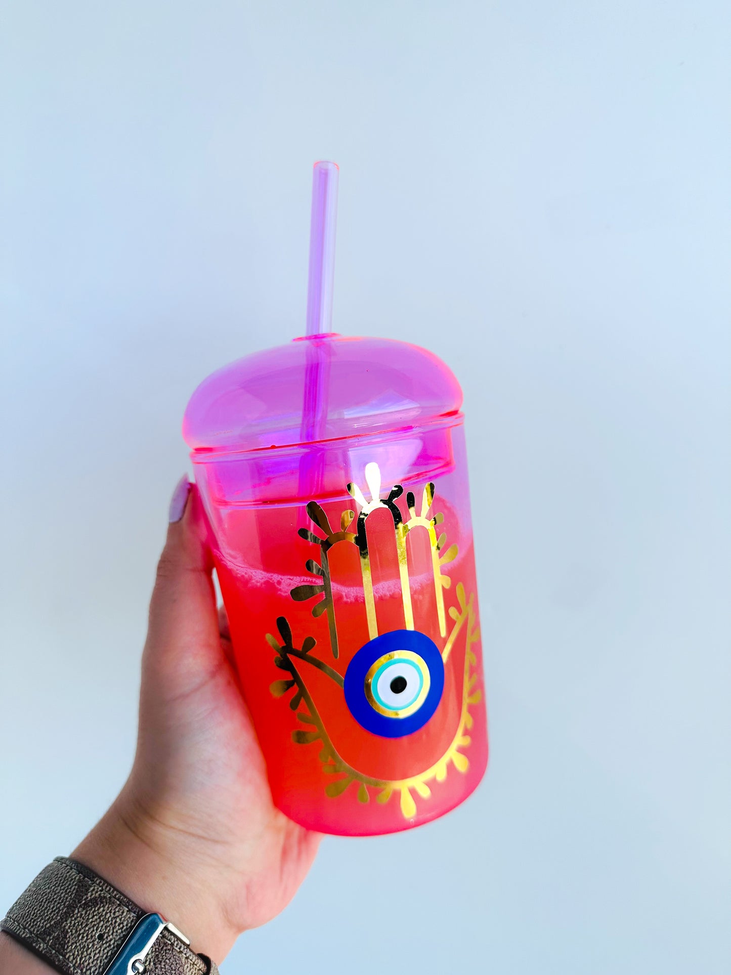 Pinky Vibes Glass Tumbler With Dome Lid