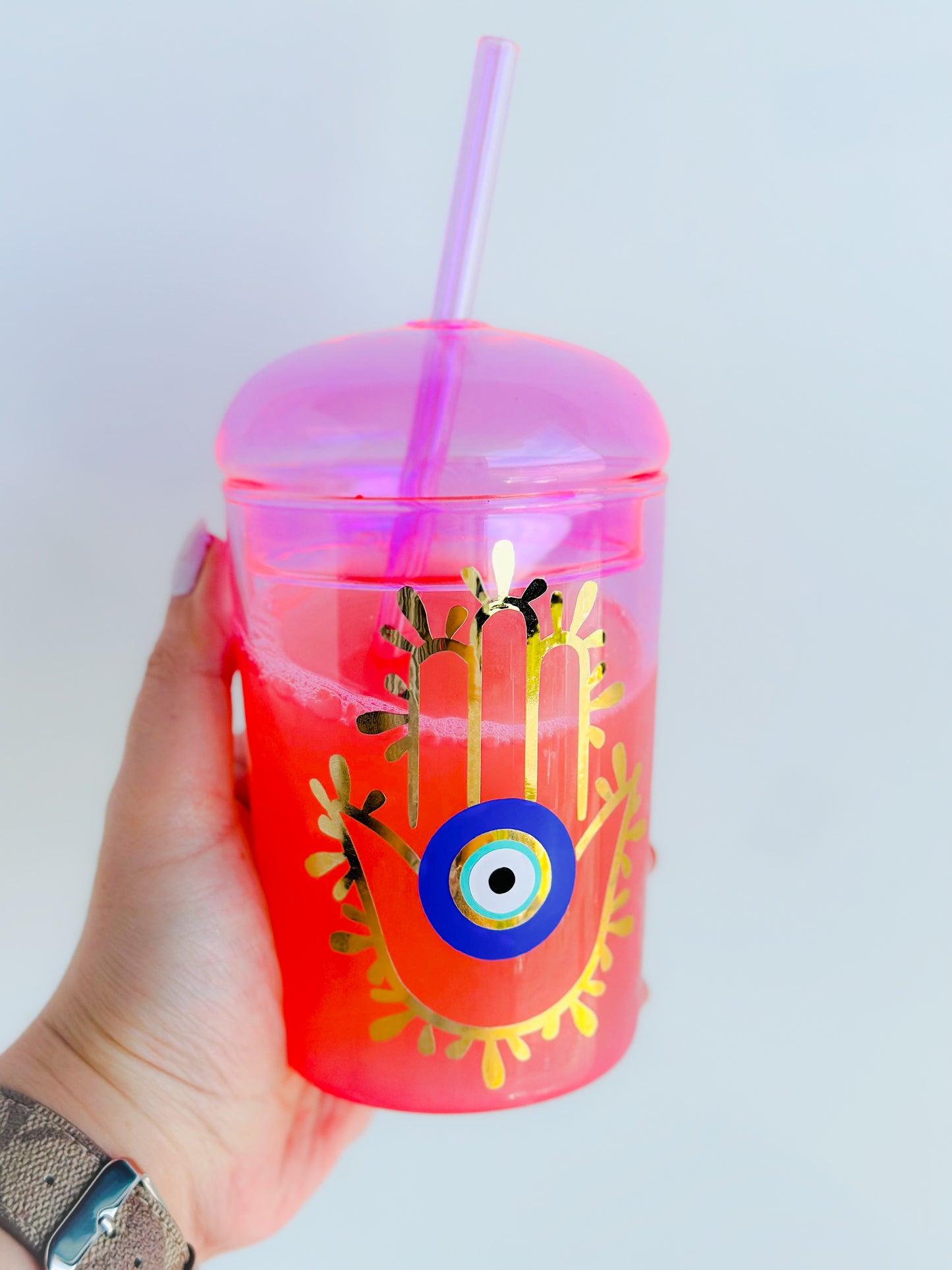 Pinky Vibes Glass Tumbler With Dome Lid