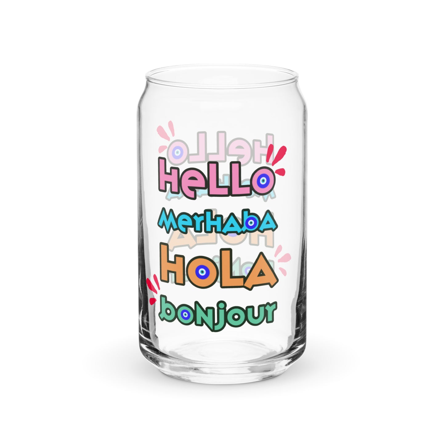 Hello, Hola, Merhaba, Bonjour Can-shaped glass