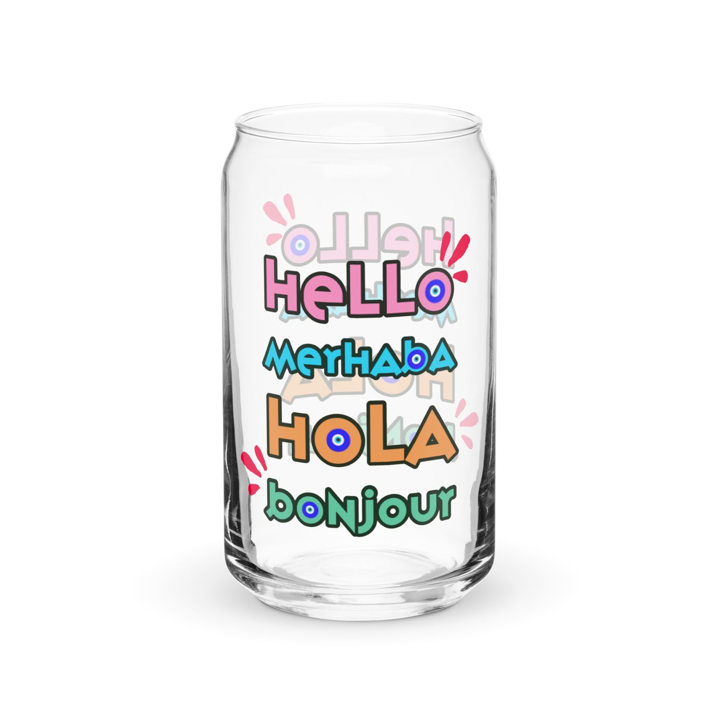 Hello, Hola, Merhaba, Bonjour Can-shaped glass