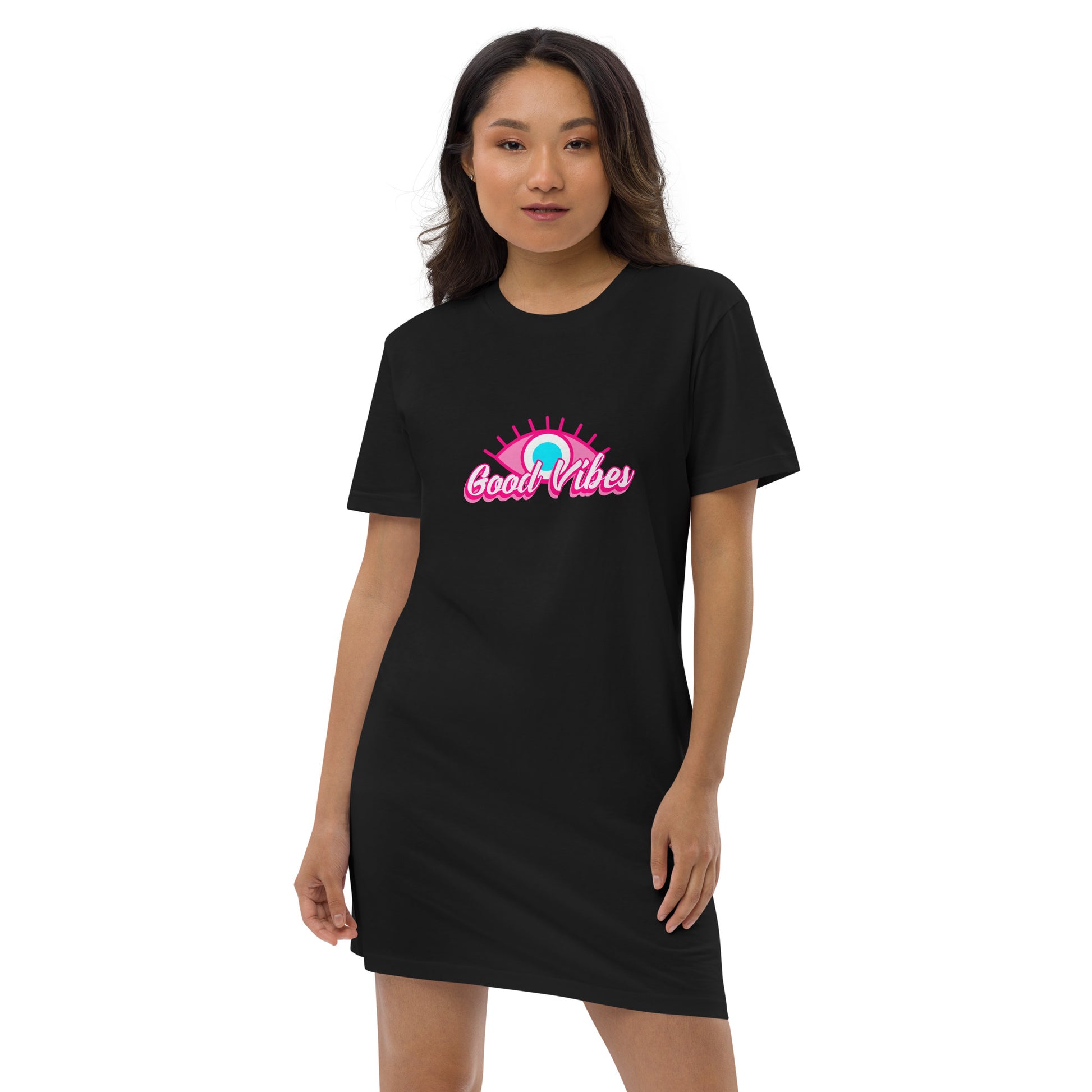 good vibes t shirt dress Pink Daisy T-Shirt Dress: Good Vibes Floral Graphic