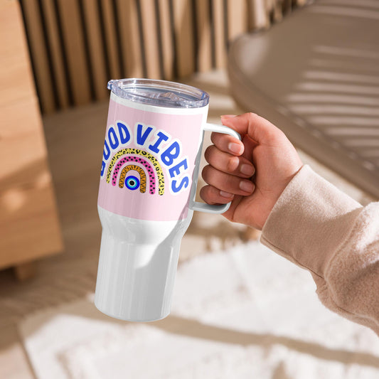 Good Vibes Rainbow Travel mug with a handle