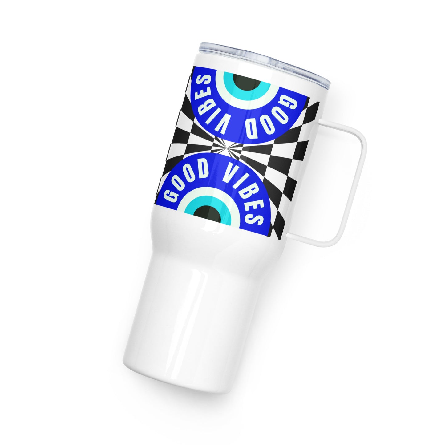 Good Vibes Evil Eye Travel mug with a handle