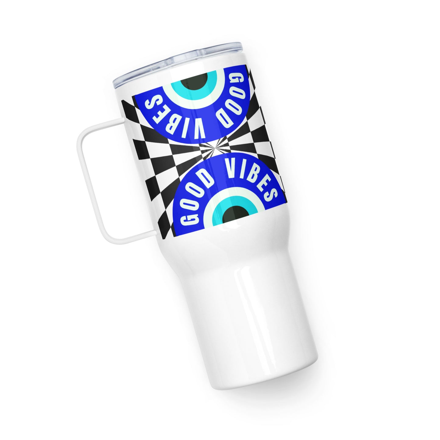 Good Vibes Evil Eye Travel mug with a handle