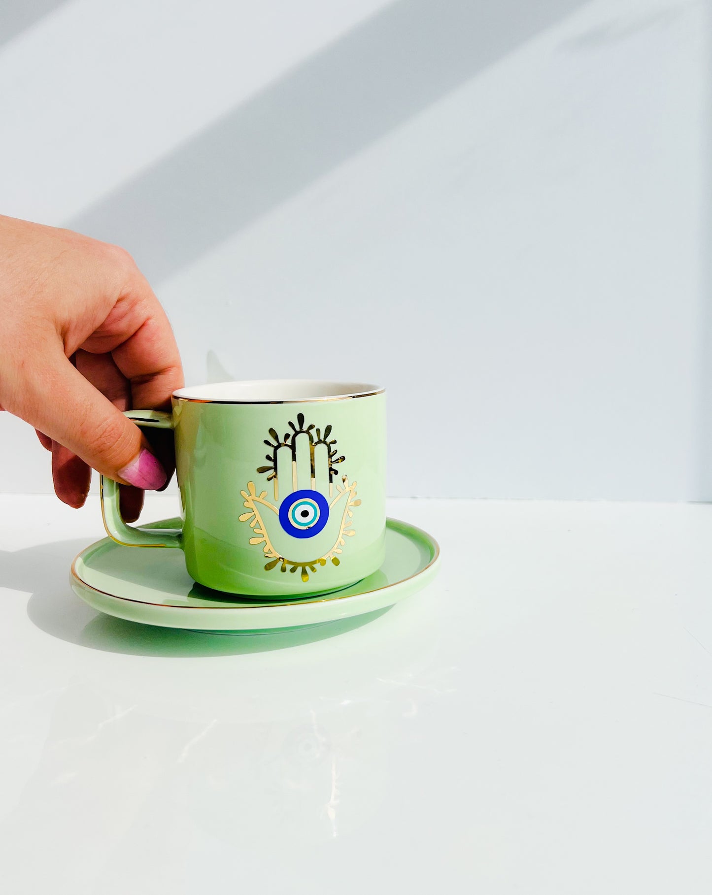 Hamsa Hand Evil Eye Vintage Green Espresso Cup And Saucer