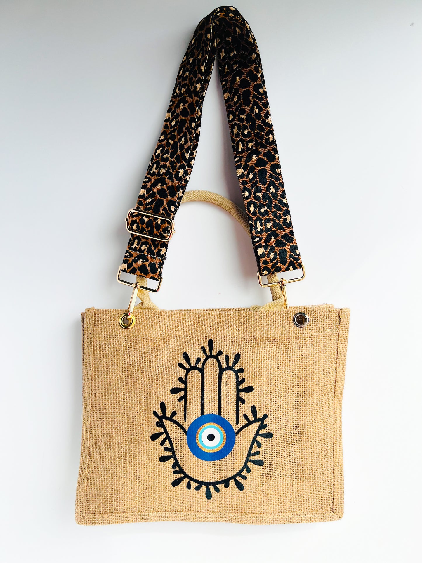 Burlap Bag With Embroidered Strap