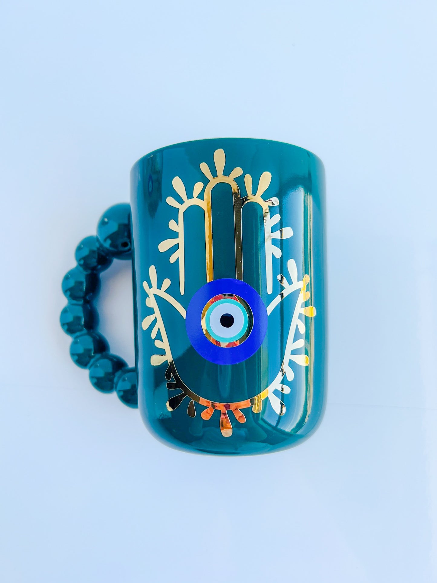 Hamsa Hand With Evil Eye Bubble Handle Pink Ceramic Mug Set