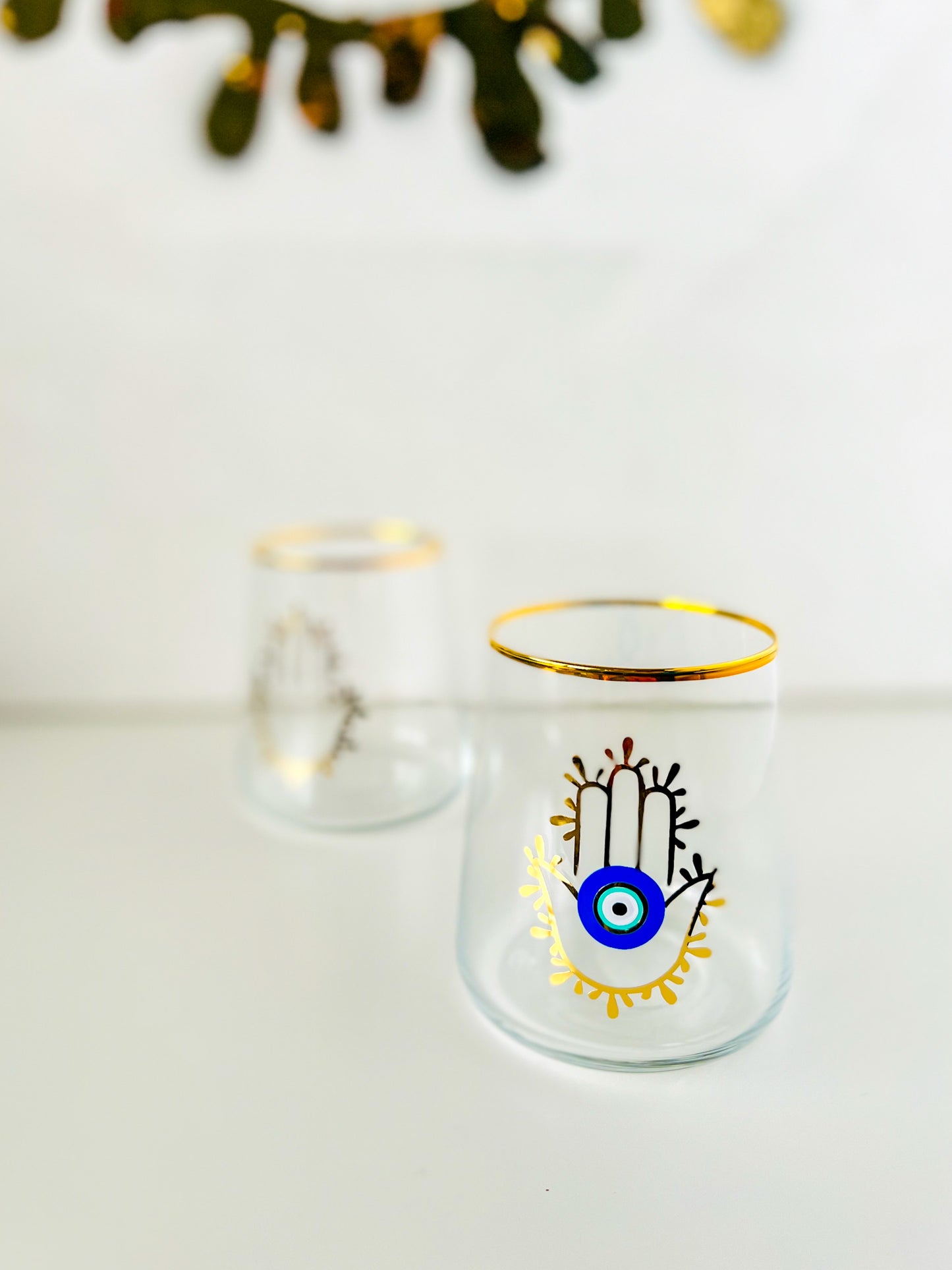 RIM-Hamsa Hand and Evil Eye Gold Rim Wine Glass