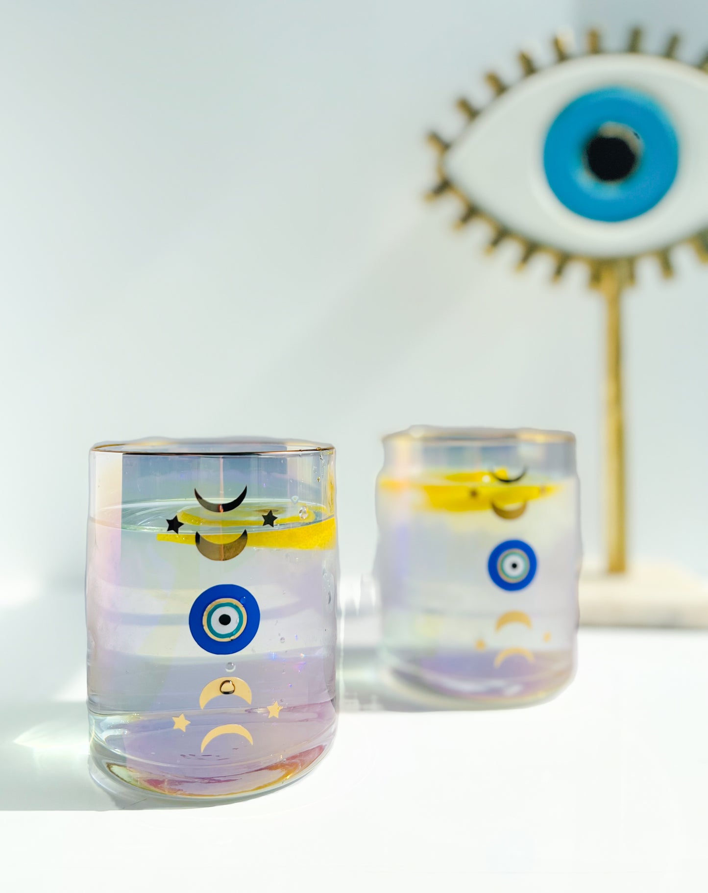 Iridescent Moon Phases Evil Eye Gold Rim Glass