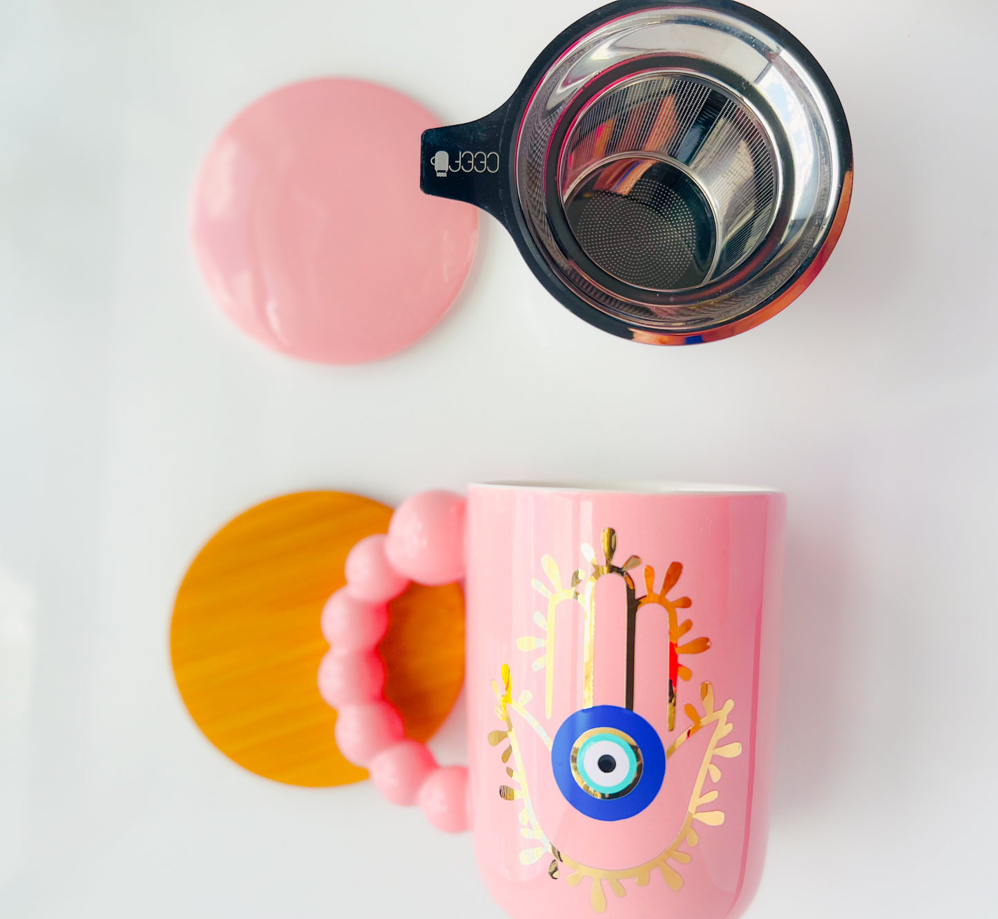 Hamsa Hand With Evil Eye Bubble Handle Pink Ceramic Mug Set