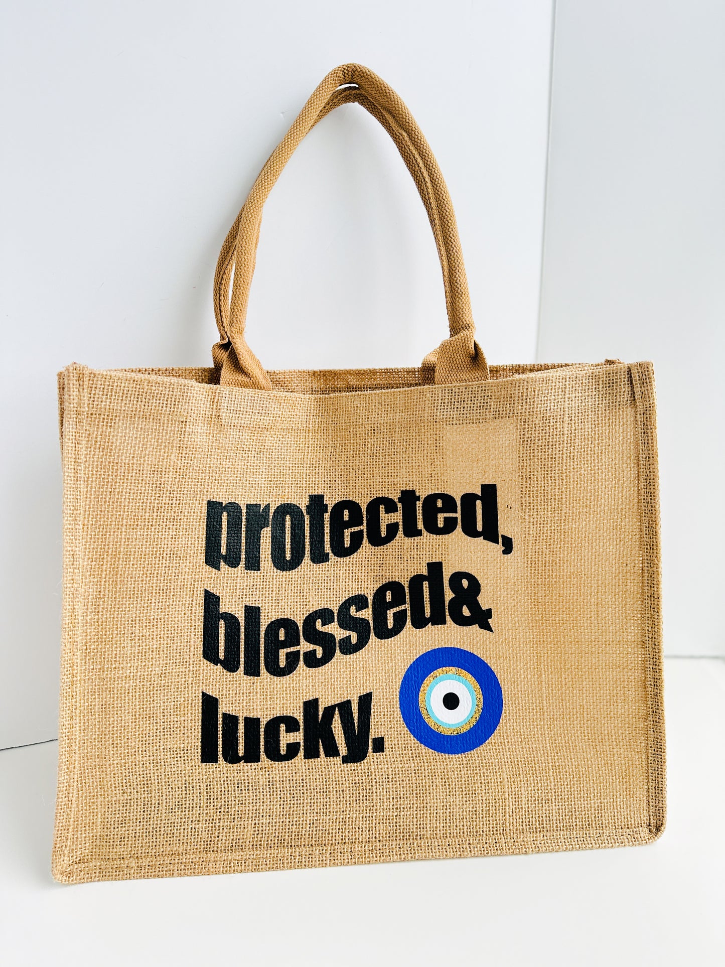 Protected, Blessed & Lucky Burlap Bag