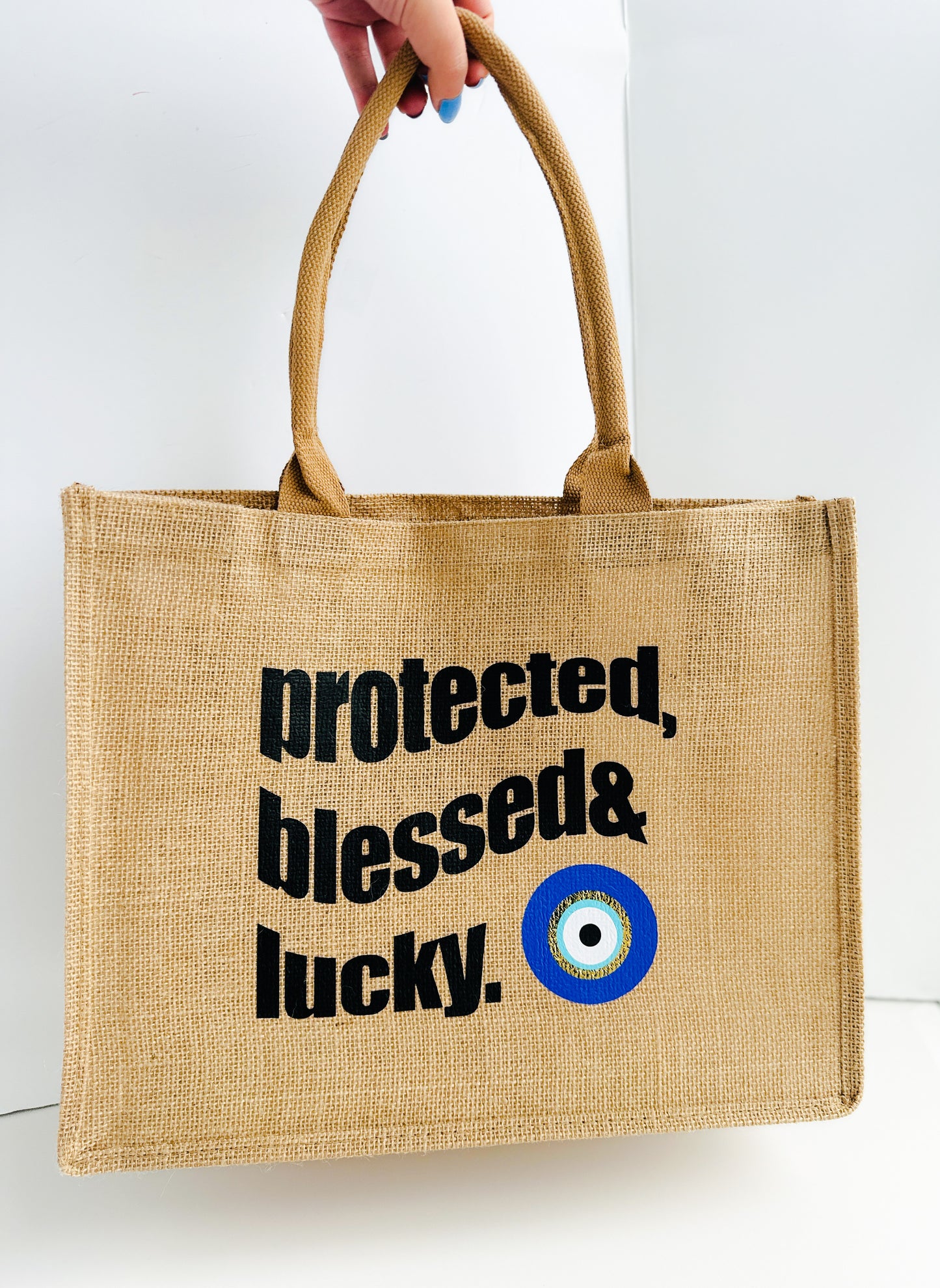 Protected, Blessed & Lucky Burlap Bag