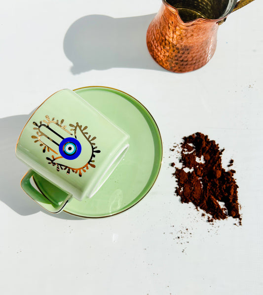 Hamsa Hand Evil Eye Vintage Green Espresso Cup And Saucer
