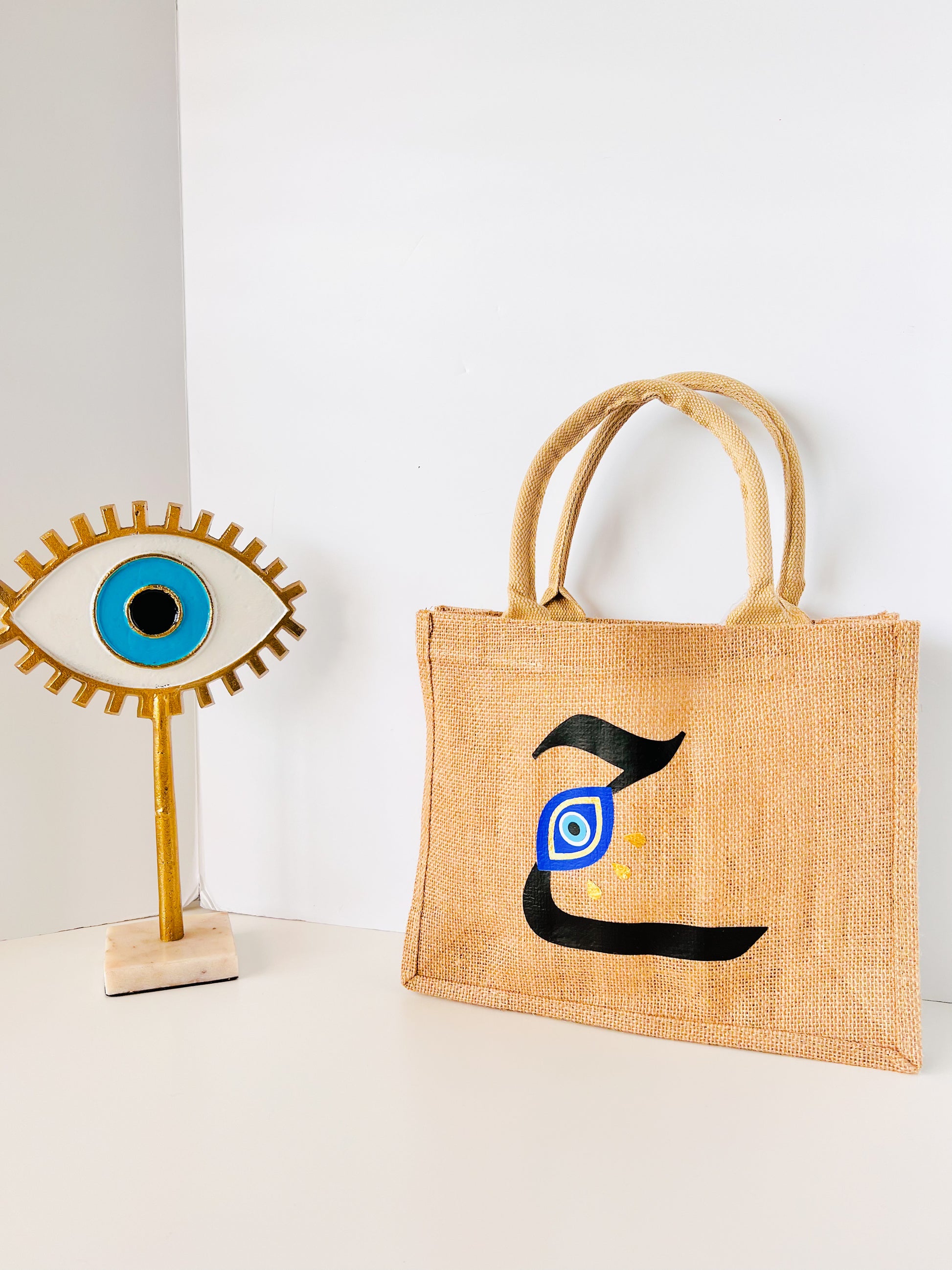 evil eye burlap bag, letter burlap bag. tote bag