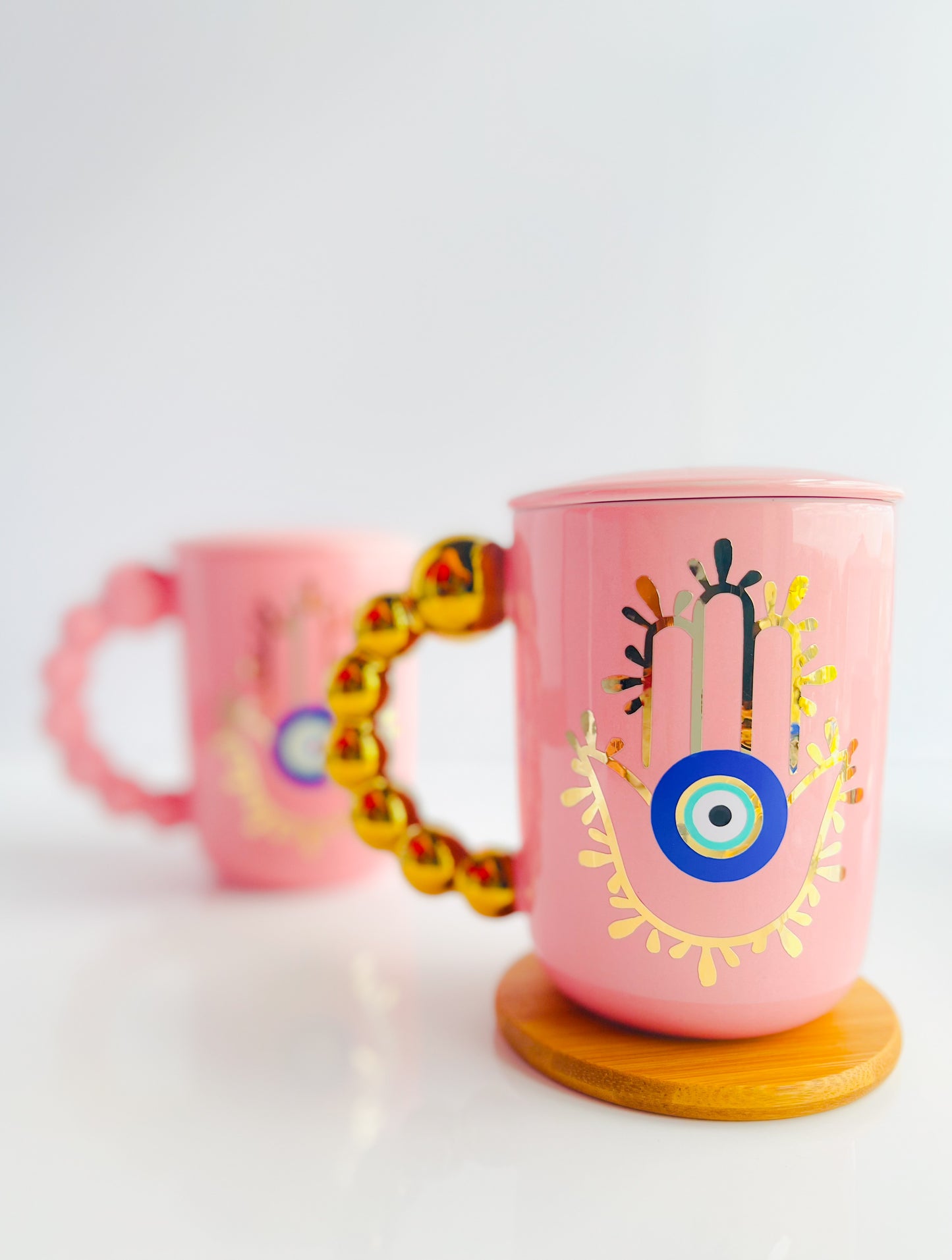 Hamsa Hand With Evil Eye Bubble Handle Pink Ceramic Mug Set