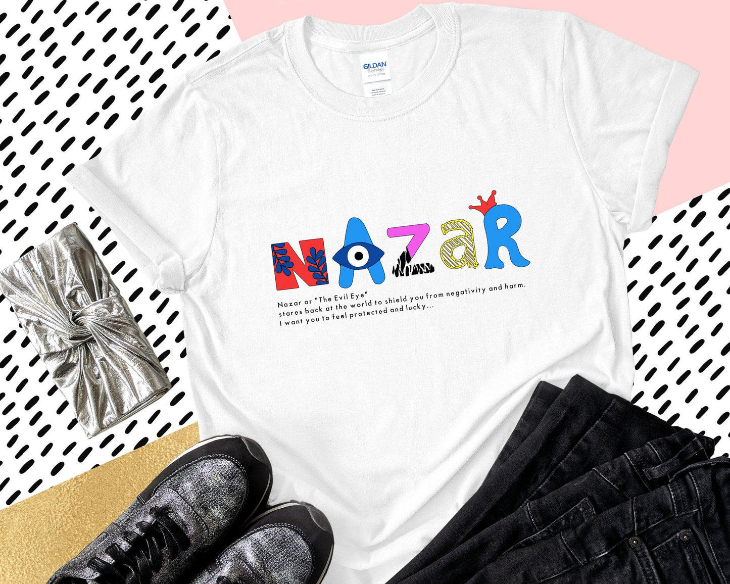 T-Shirt With Evil Eye Nazar Design Meaning Amida By Zaa/ Crew Neck Adult T-Shirt Custom Made