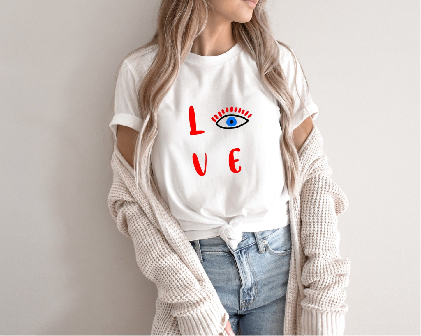 T-Shirt With Evil Eye Design Love With Eye Amida By Zaa/ Crew Neck Adult T-Shirt Custom Made