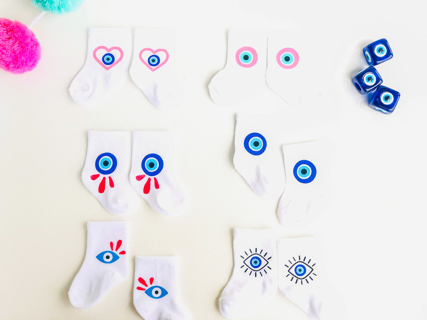 Evil Eye Design Newborn Baby Socks With Pouches Custom Design For Babyshower Good Luck Charm Baby Socks Evil Eye Gift Set