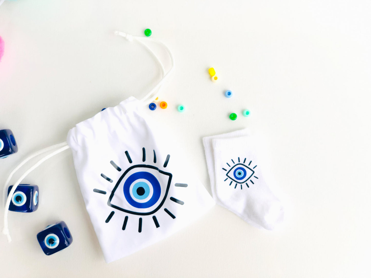 Evil Eye Design Newborn Baby Socks With Pouches Custom Design For Babyshower Good Luck Charm Baby Socks Evil Eye Gift Set