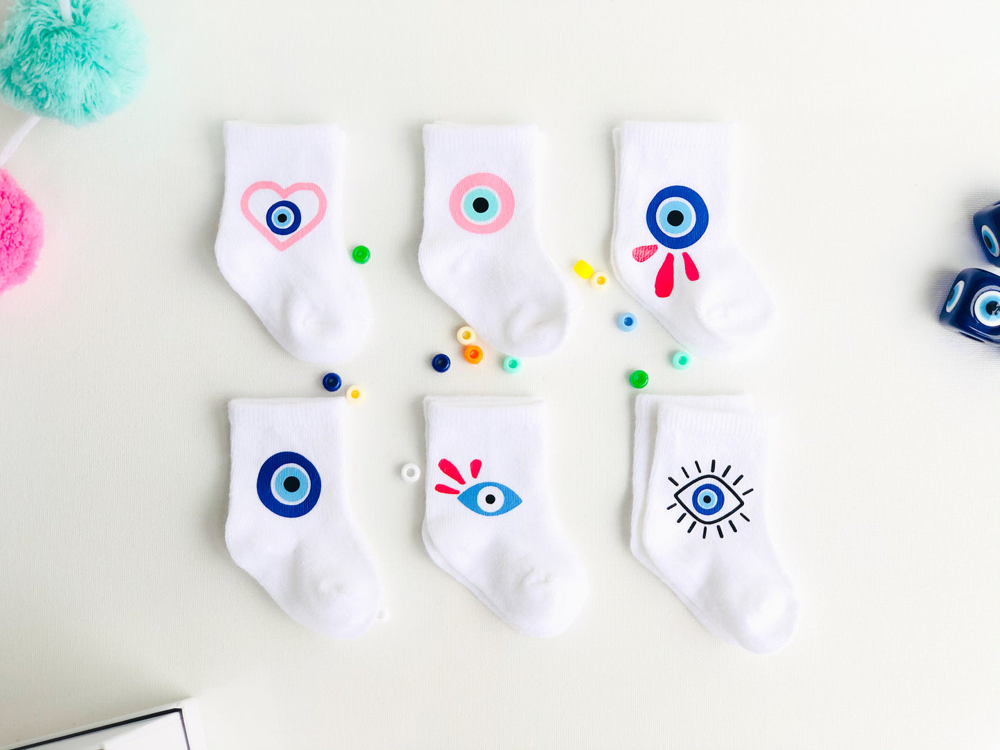 Evil Eye Design Newborn Baby Socks With Pouches Custom Design For Babyshower Good Luck Charm Baby Socks Evil Eye Gift Set