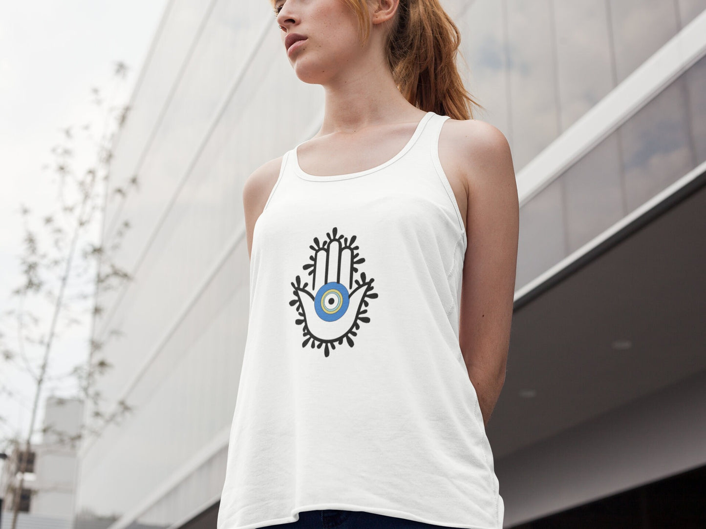 Hamsa Hand With Evil Eye Design Racer back Tank Top Custom Tank Top Evil Eye Tank Top