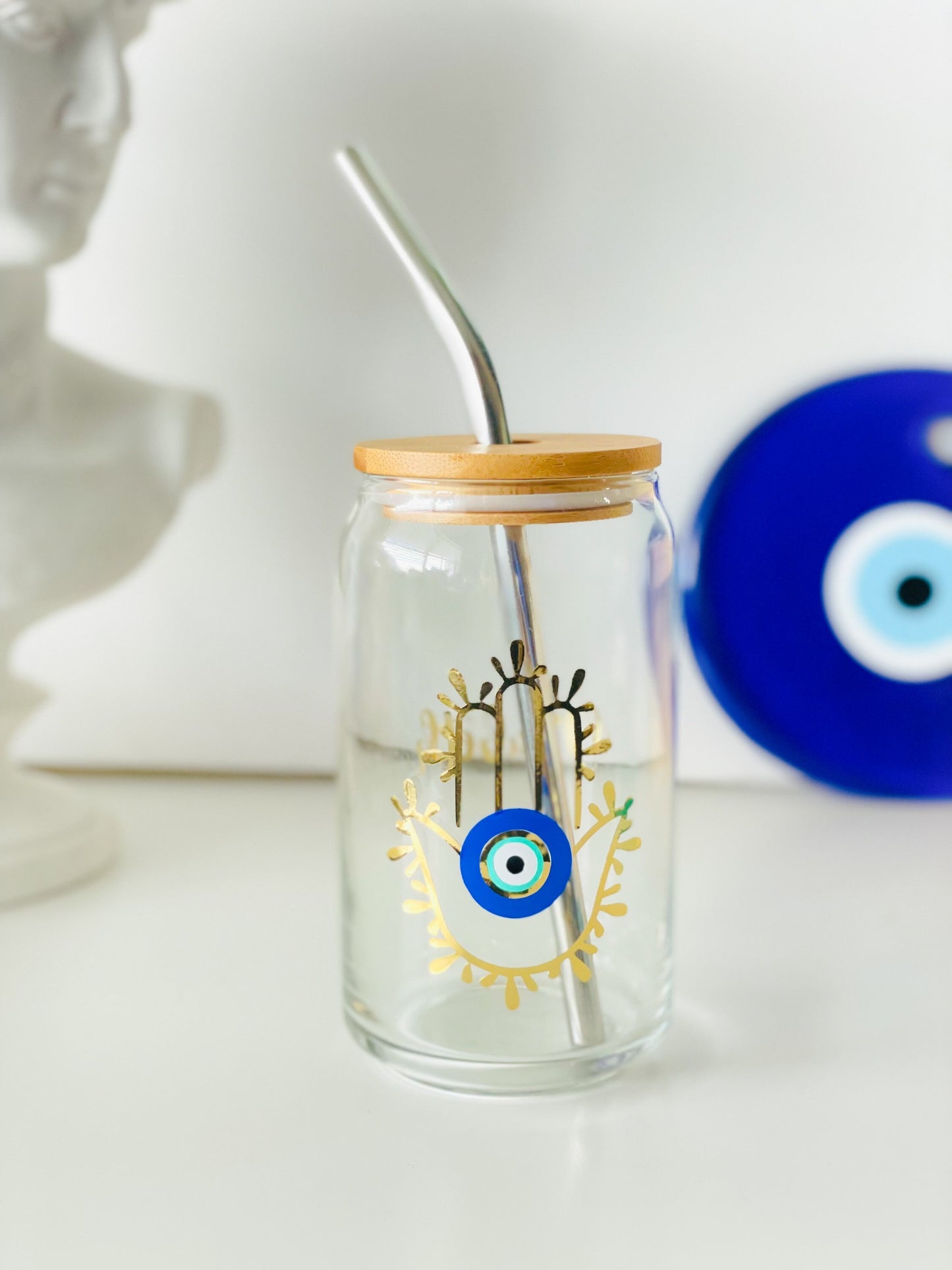 Evil Eye Glass Soda Beer With Bamboo Lid Can Hamsa Hand Cup Evil Eye Glasses Can Hamsa Hand Cup Bamboo Lid With Straw
