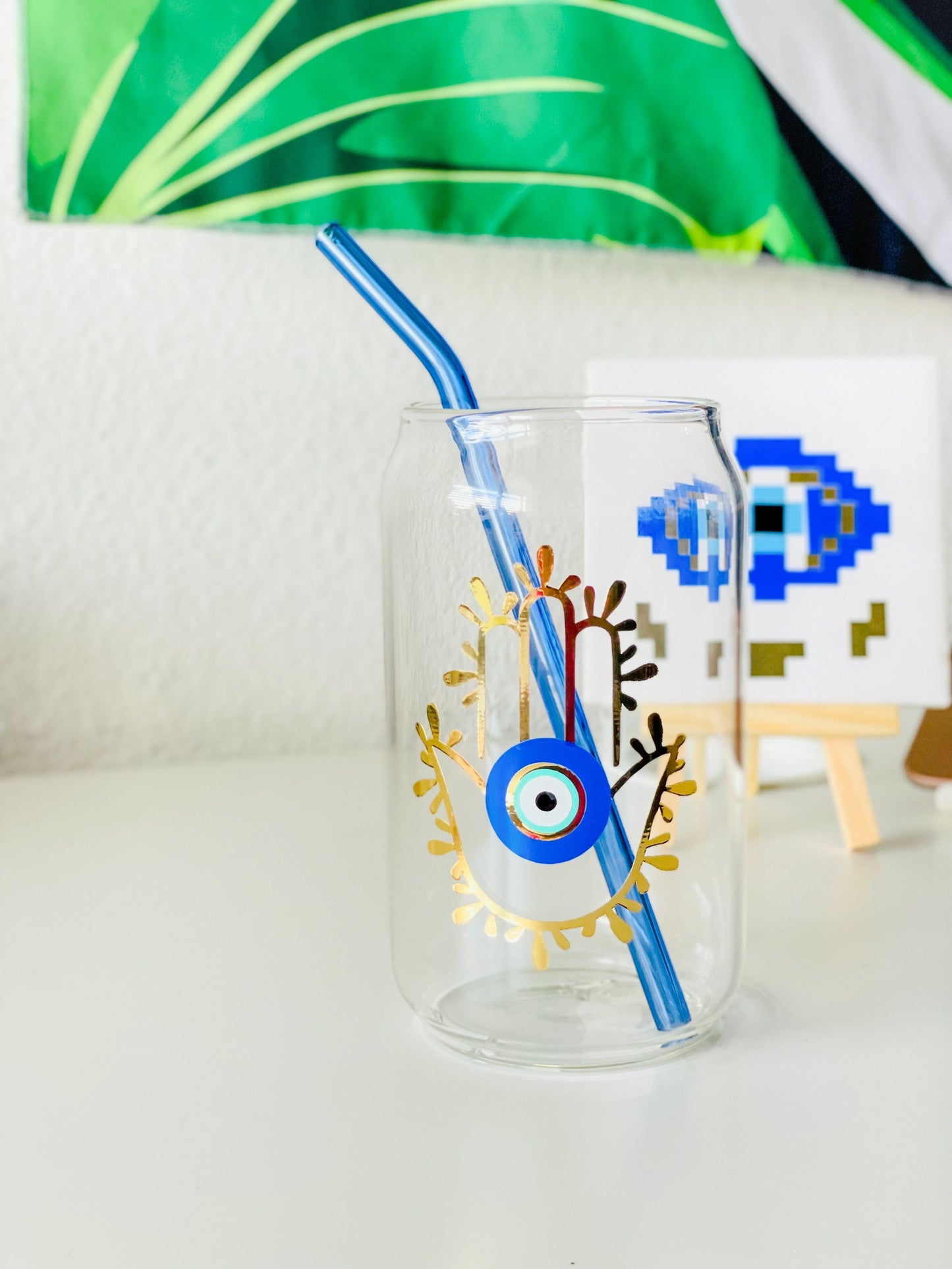 Evil Eye Glass Soda Beer With Glass Straw Can Hamsa Hand Cup Evil Eye Glasses Can Hamsa Hand Beer Glass Evil Eye Water Glasses