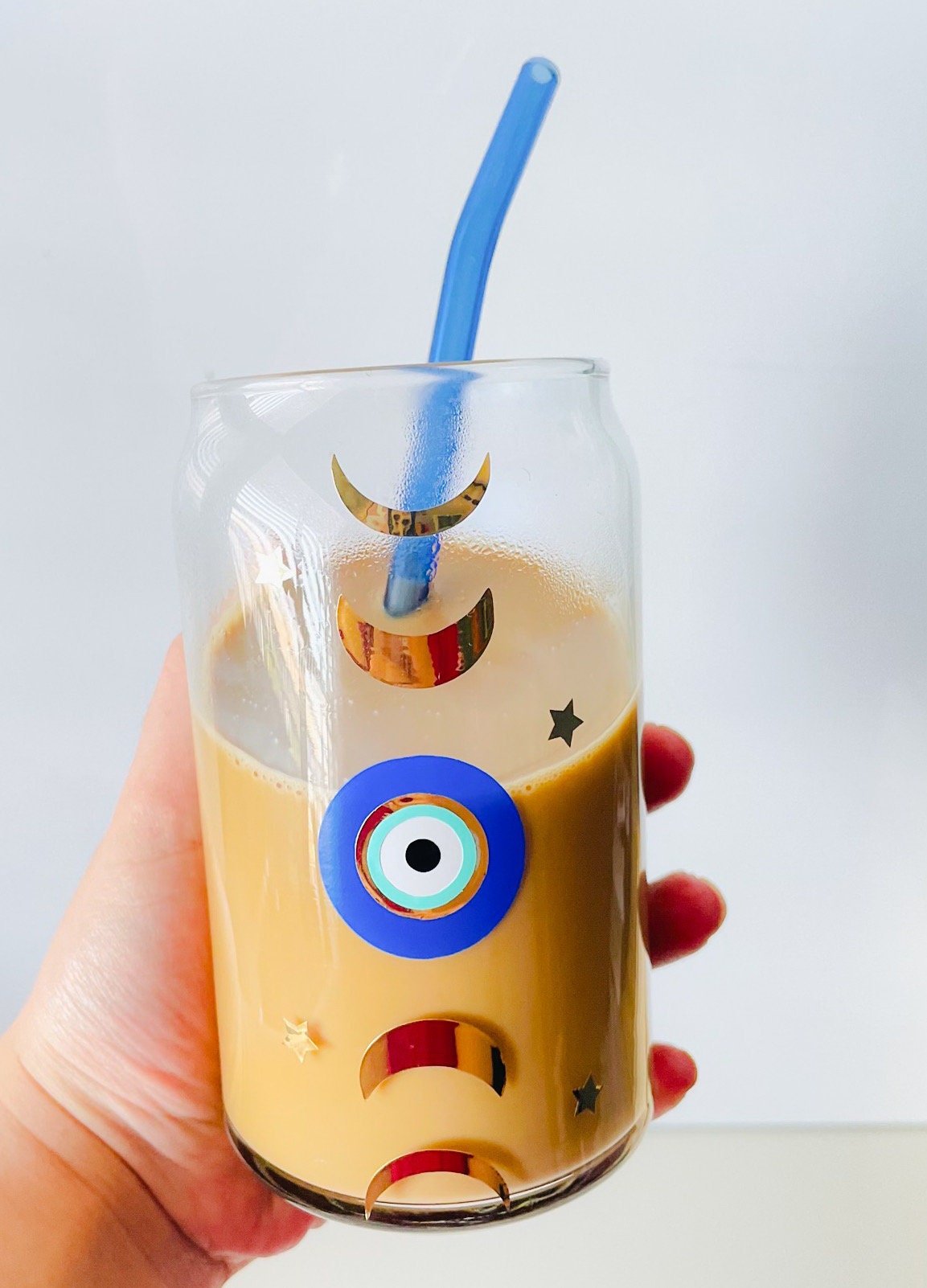 Evil Eye Moon Phases Glass Soda Beer With Glass Straw Moon Phases Glass Evil Eye Mug