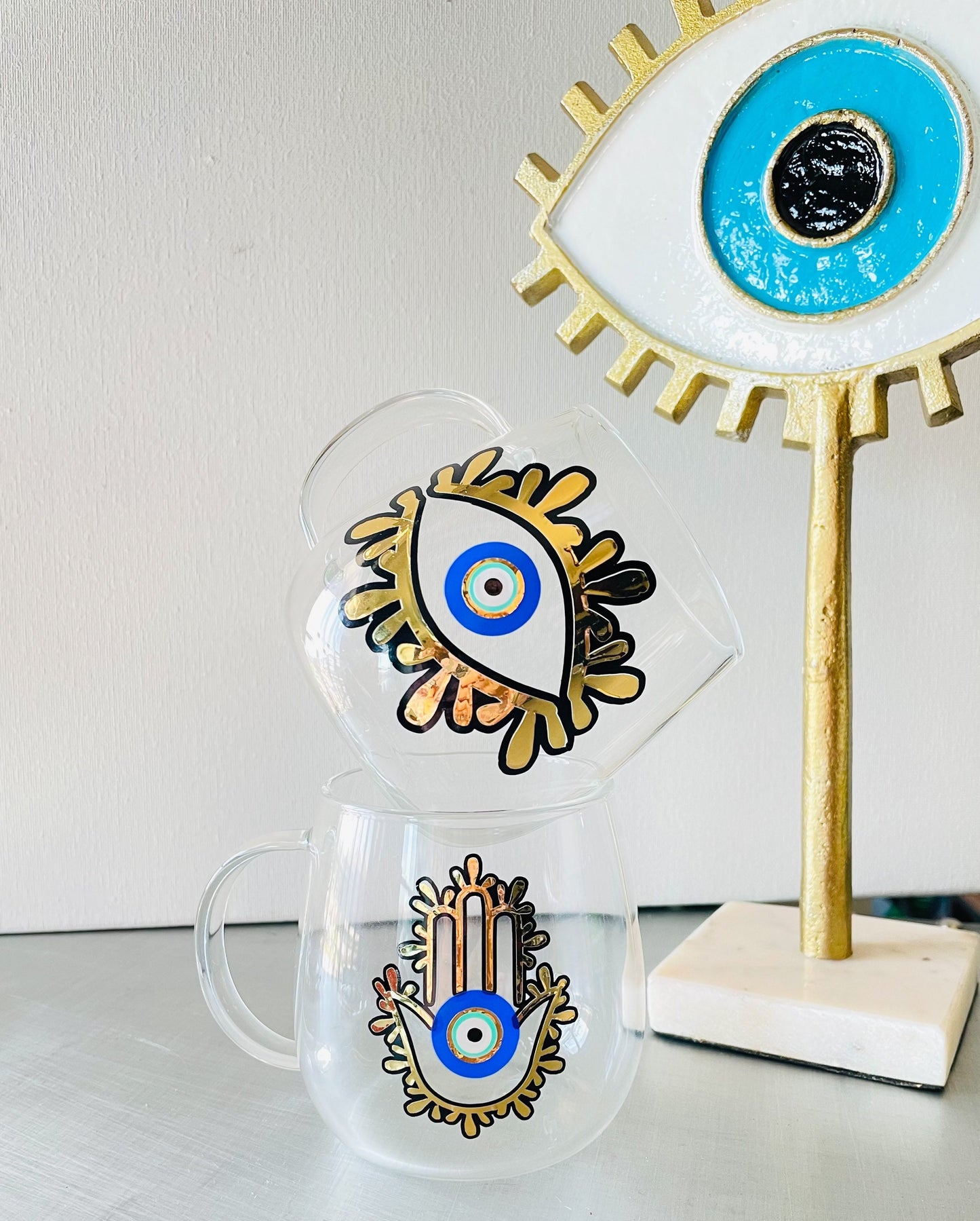 Evil Eye Design Hamsa Hand Glass Mug Latte Mug