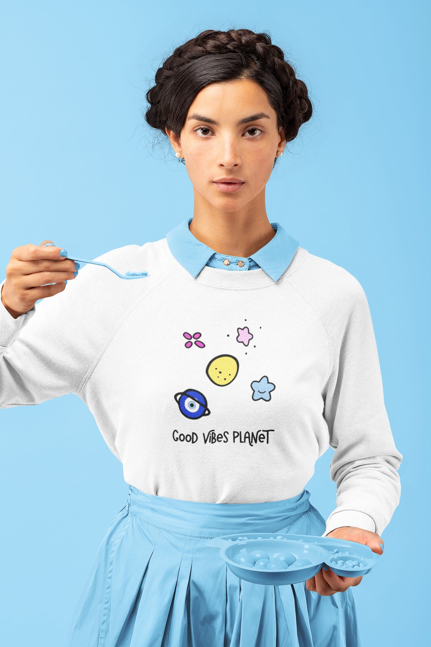 Good Vibes Planet Sweatshirt Evil Eye Sweatshirt Space Sweatshirt