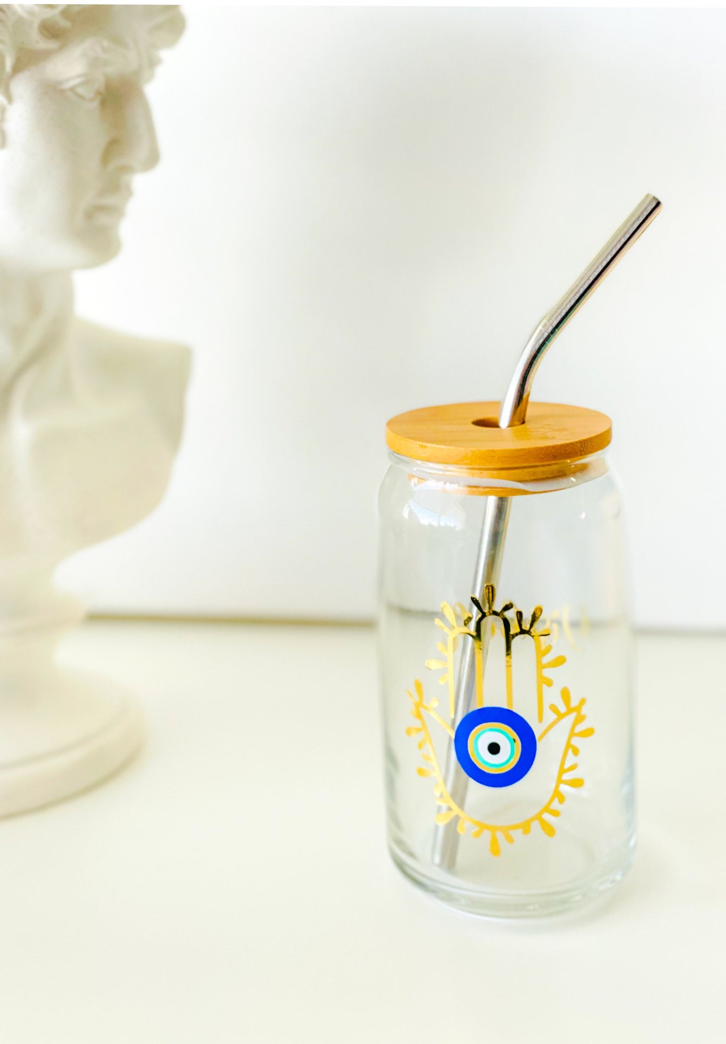 Evil Eye Glass Soda Beer With Bamboo Lid Can Hamsa Hand Cup Evil Eye Glasses Can Hamsa Hand Cup Bamboo Lid With Straw