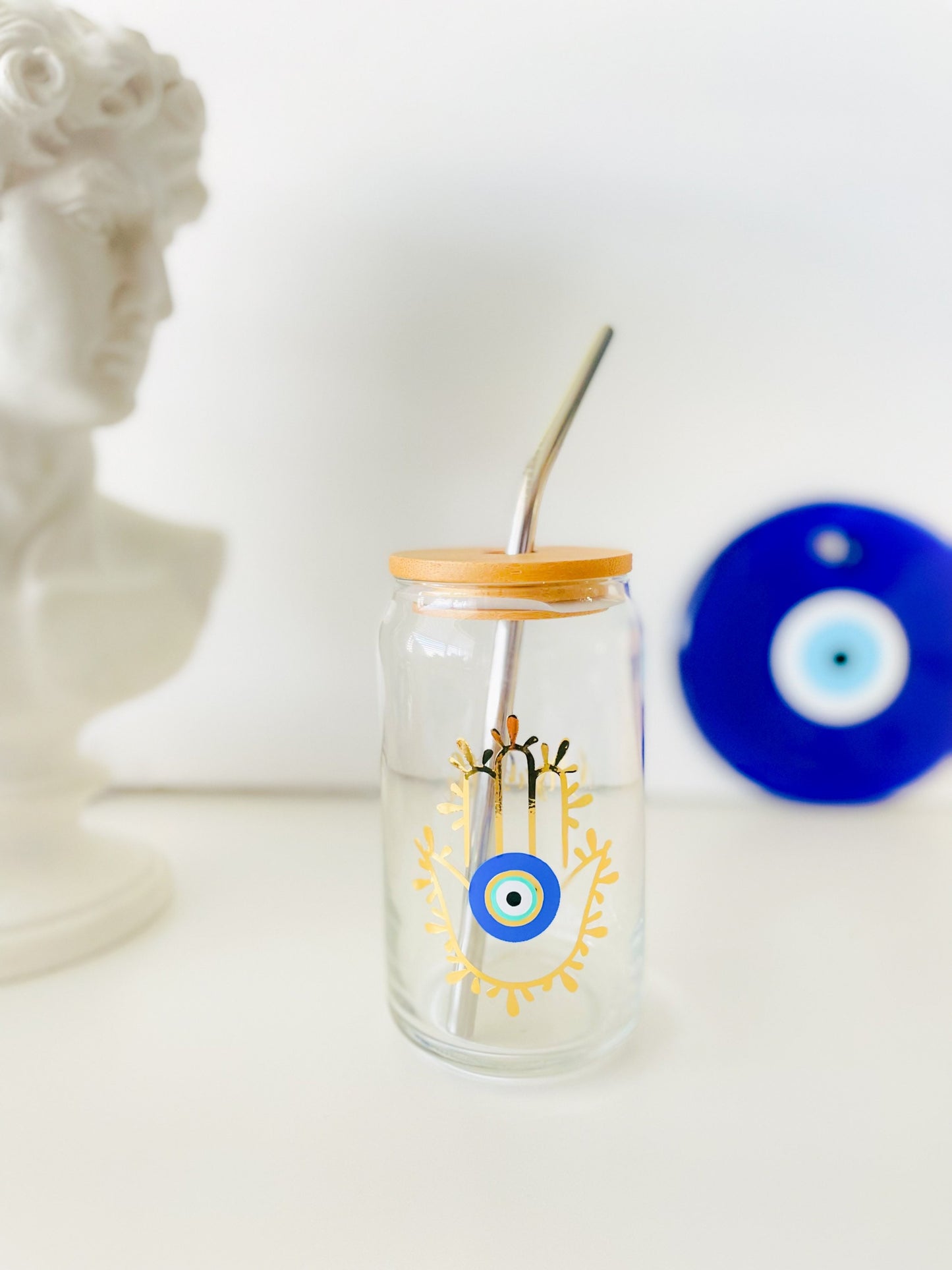 Evil Eye Glass Soda Beer With Bamboo Lid Can Hamsa Hand Cup Evil Eye Glasses Can Hamsa Hand Cup Bamboo Lid With Straw