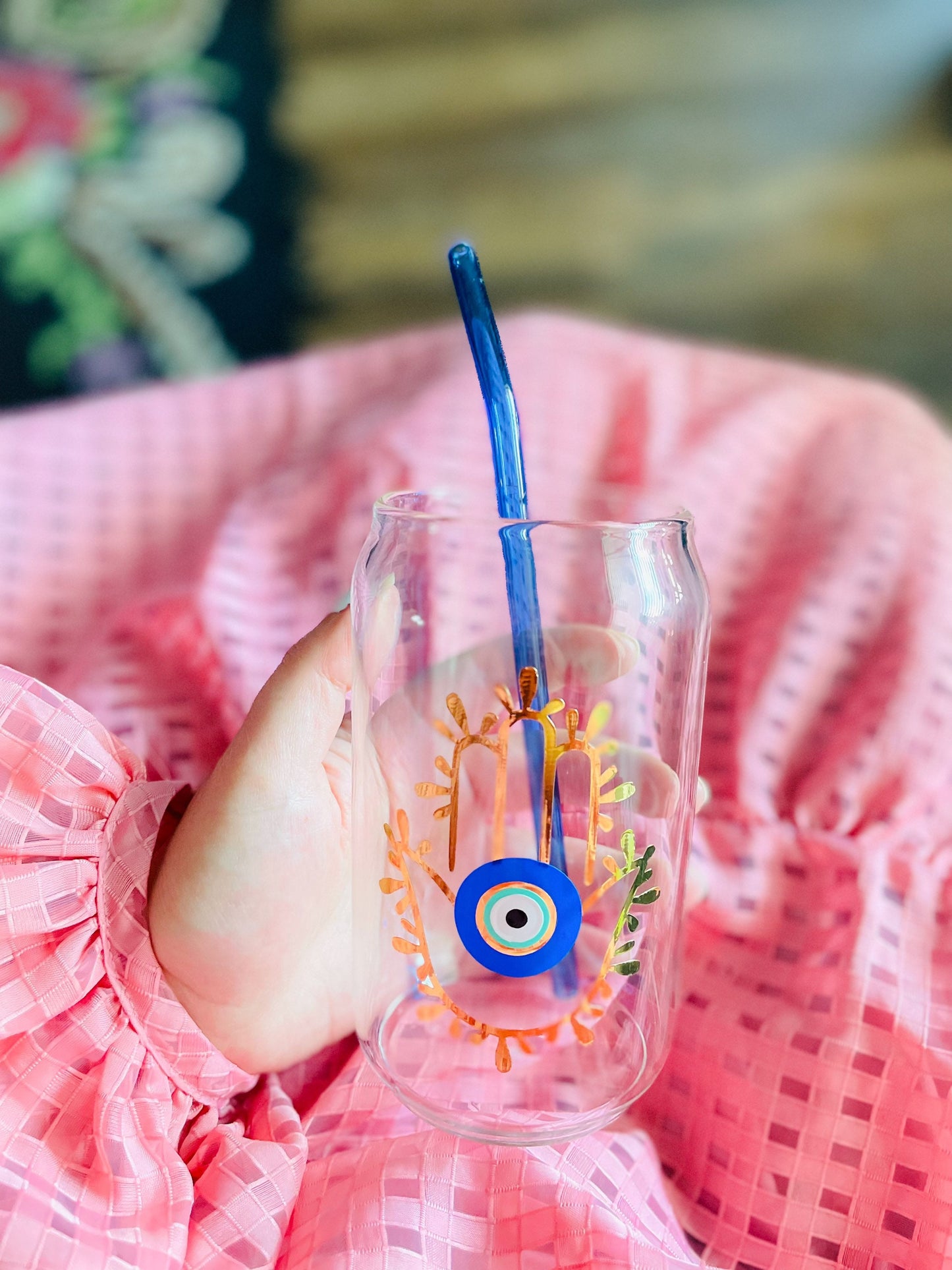 Evil Eye Glass Soda Beer With Bamboo Lid Can Hamsa Hand Cup Evil Eye Glasses Can Hamsa Hand Cup Bamboo Lid With Straw