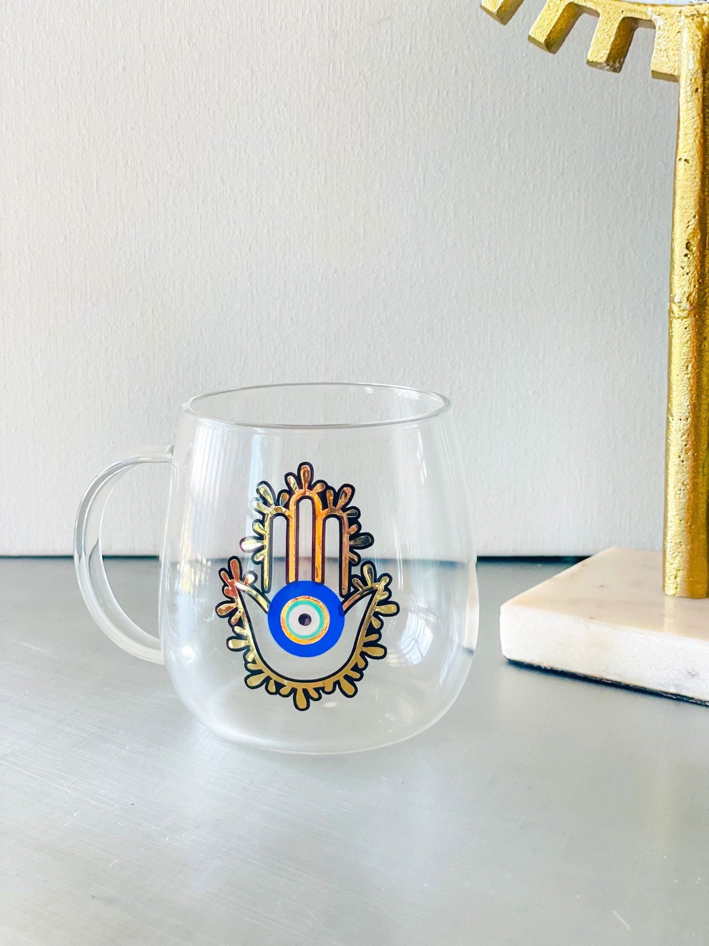 Evil Eye Design Hamsa Hand Glass Mug Latte Mug