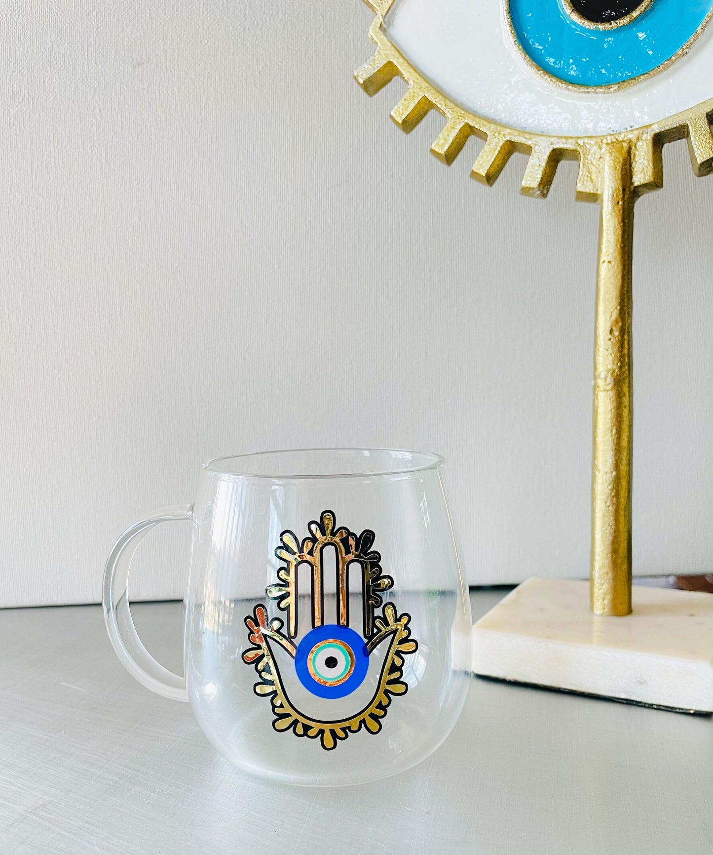 Evil Eye Design Hamsa Hand Glass Mug Latte Mug