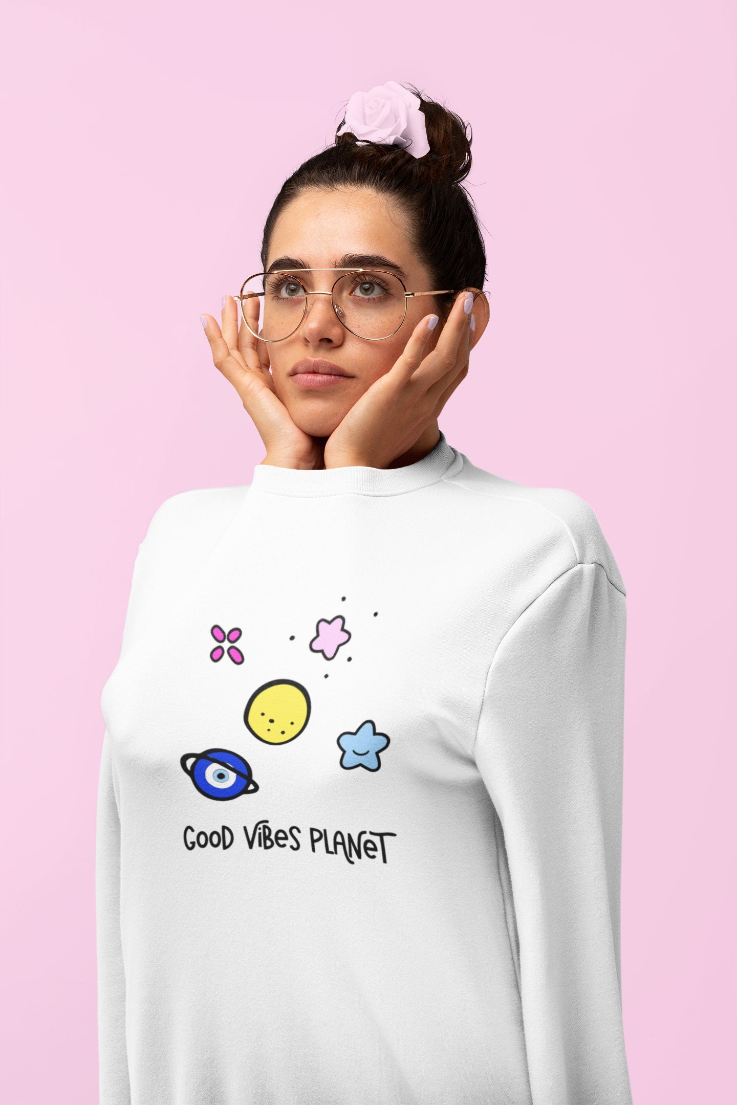 Good Vibes Planet Sweatshirt Evil Eye Sweatshirt Space Sweatshirt