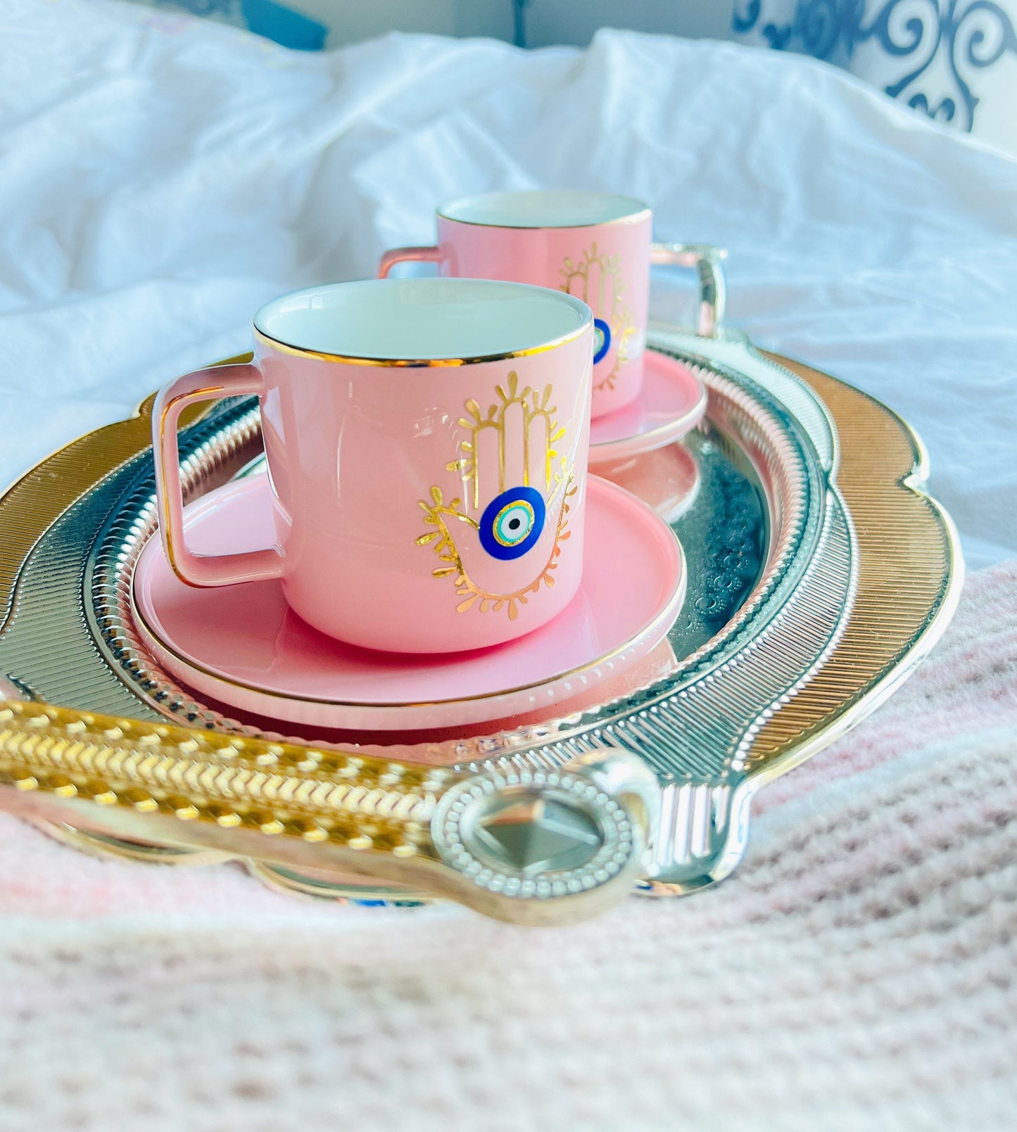 Hamsa Hand Evil Eye Pink Espresso Cup And Saucer