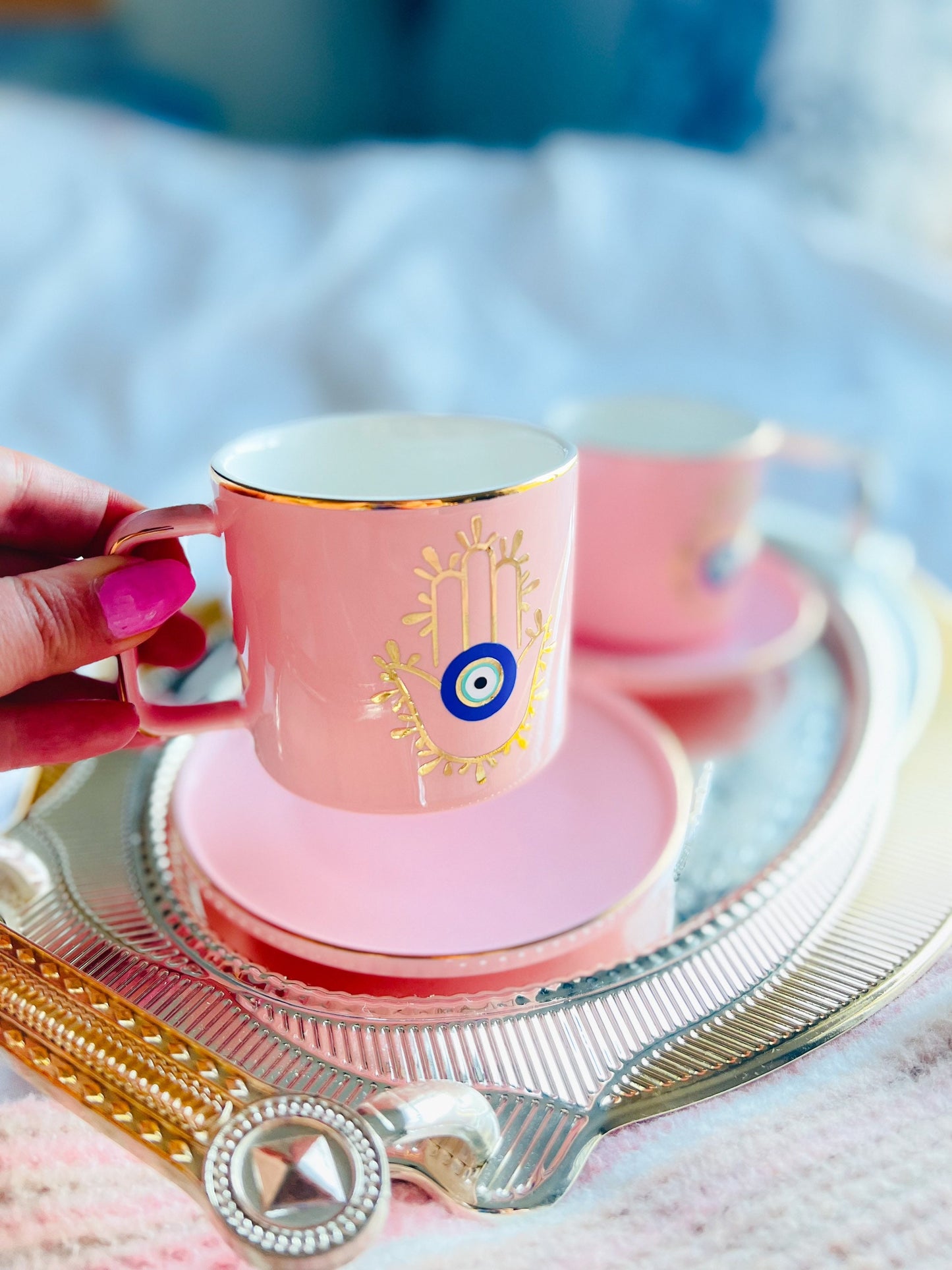 Hamsa Hand Evil Eye Pink Espresso Cup And Saucer