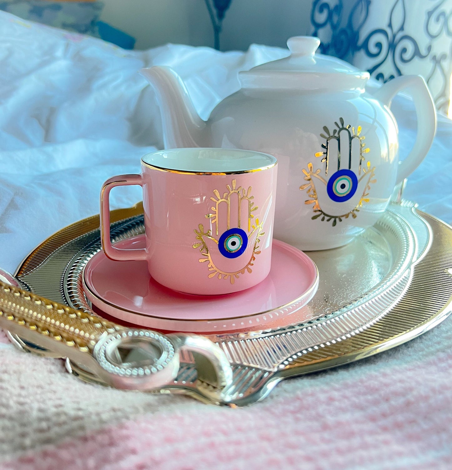 Hamsa Hand Evil Eye Pink Espresso Cup And Saucer