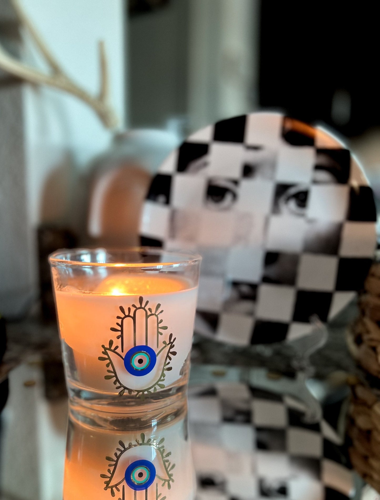 Hamsa Hand With Evil Eye Candle, Evil Eye Candle, Hamsa Hand  Glass Candle