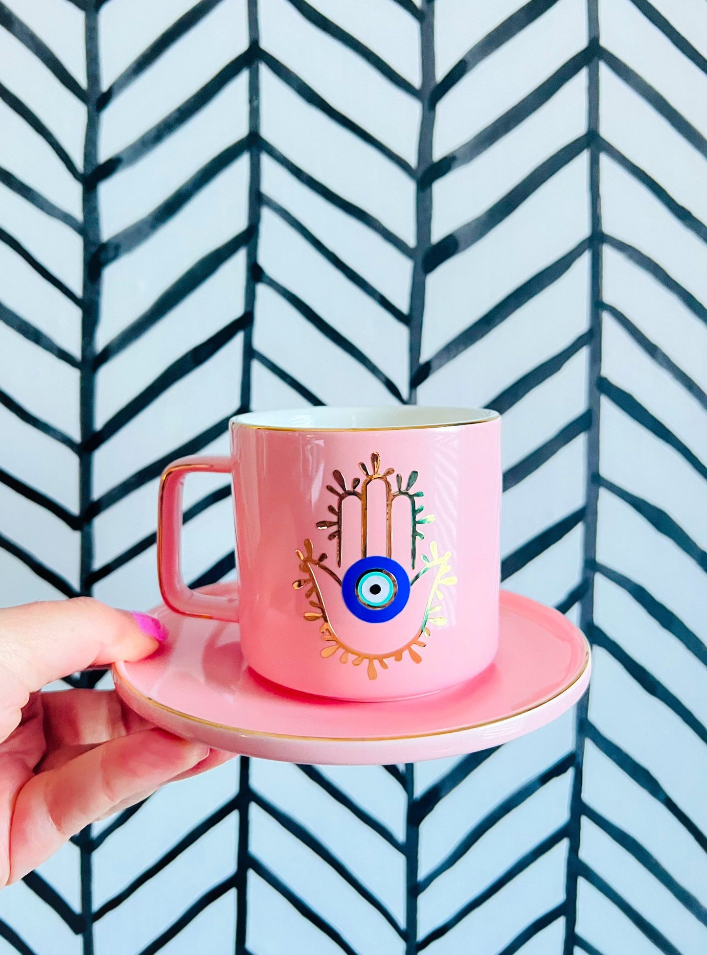 Hamsa Hand Evil Eye Pink Espresso Cup And Saucer