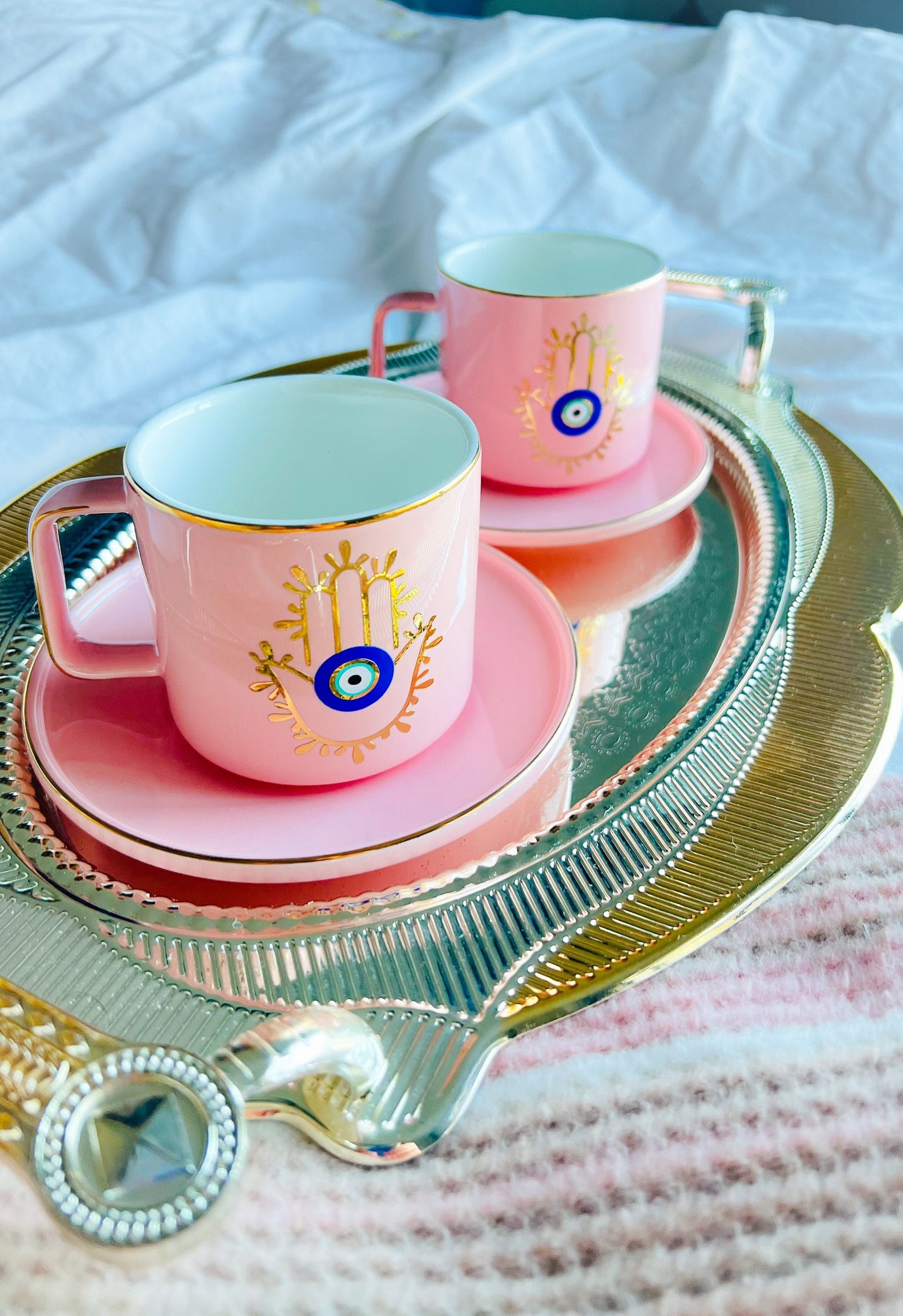 Hamsa Hand Evil Eye Pink Espresso Cup And Saucer