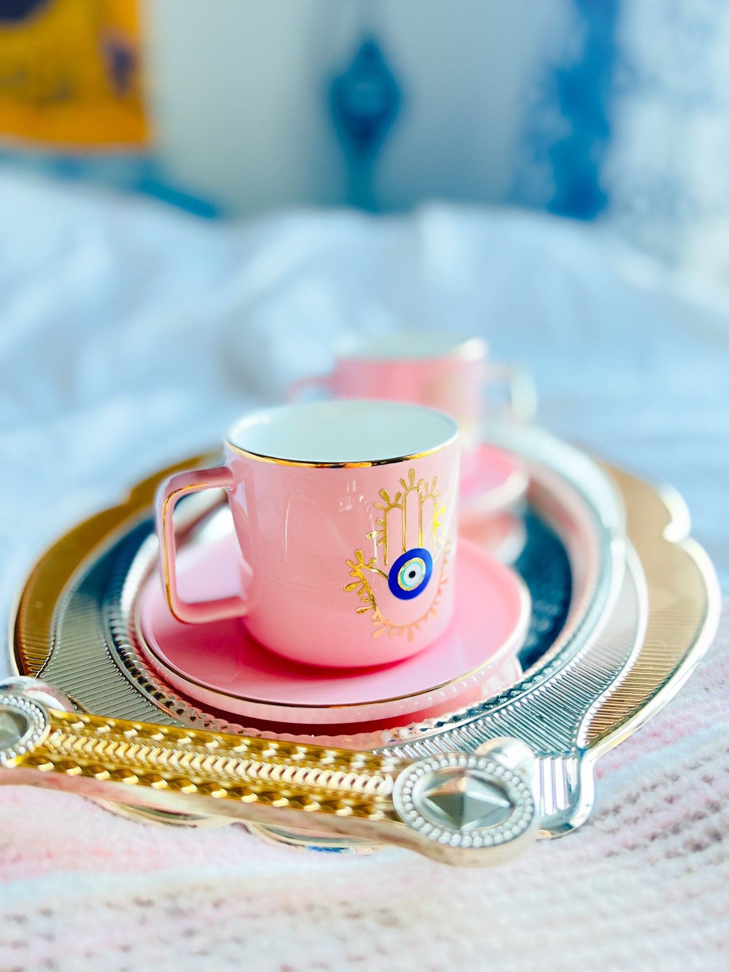 Hamsa Hand Evil Eye Pink Espresso Cup And Saucer