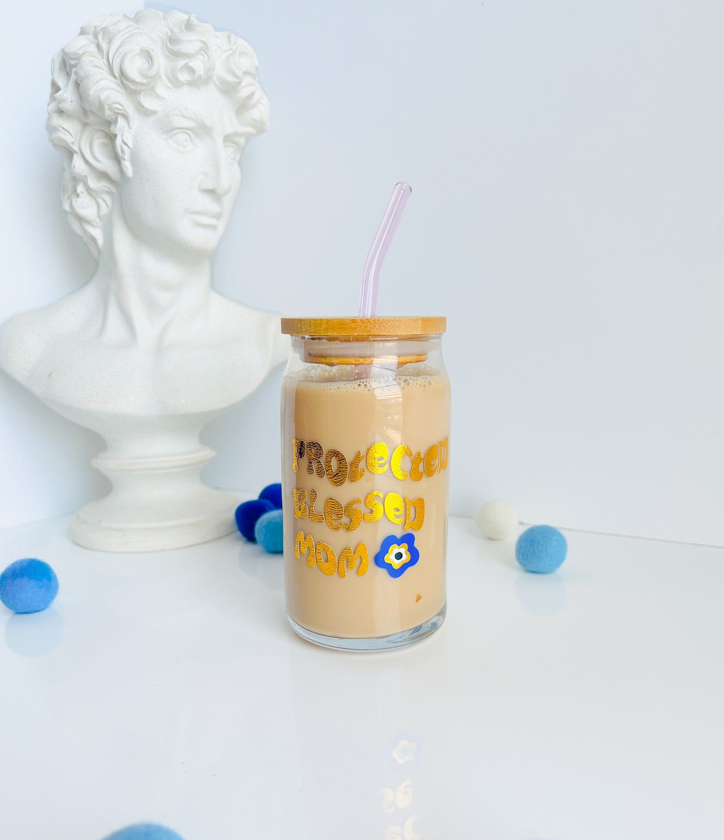 Evil Eye Mom Soda Can Glass, Evil Eye Iced Coffee Glass, Mother’s Day Cup, Glass With Bamboo Lid